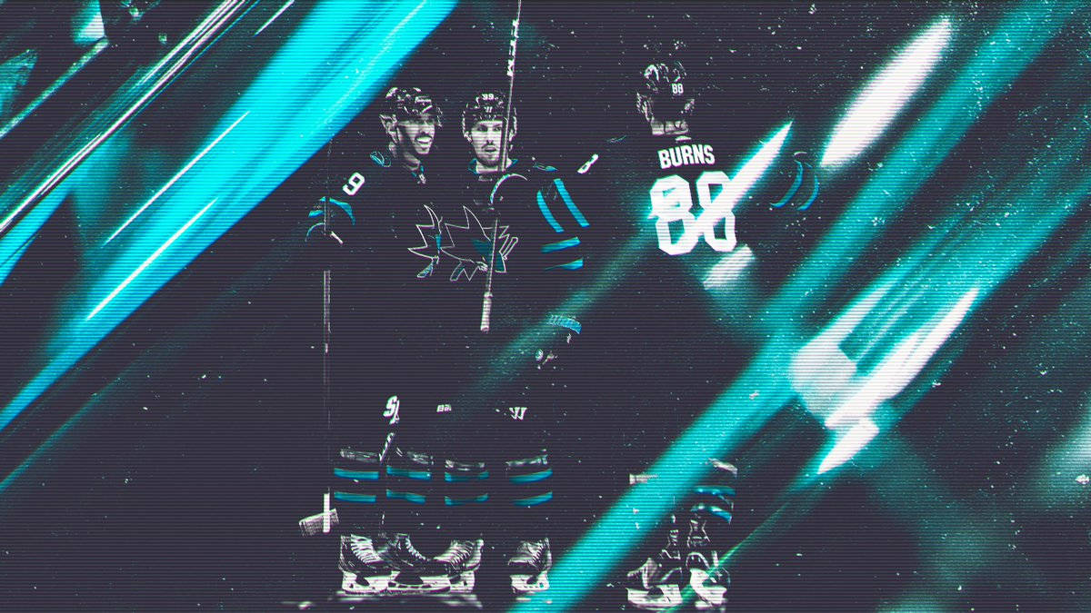 sharks 桌布 壁紙 — 兩名身穿青綠色和黑色球衣的曲棍球運動員站在動態發光藍色光條背景前。