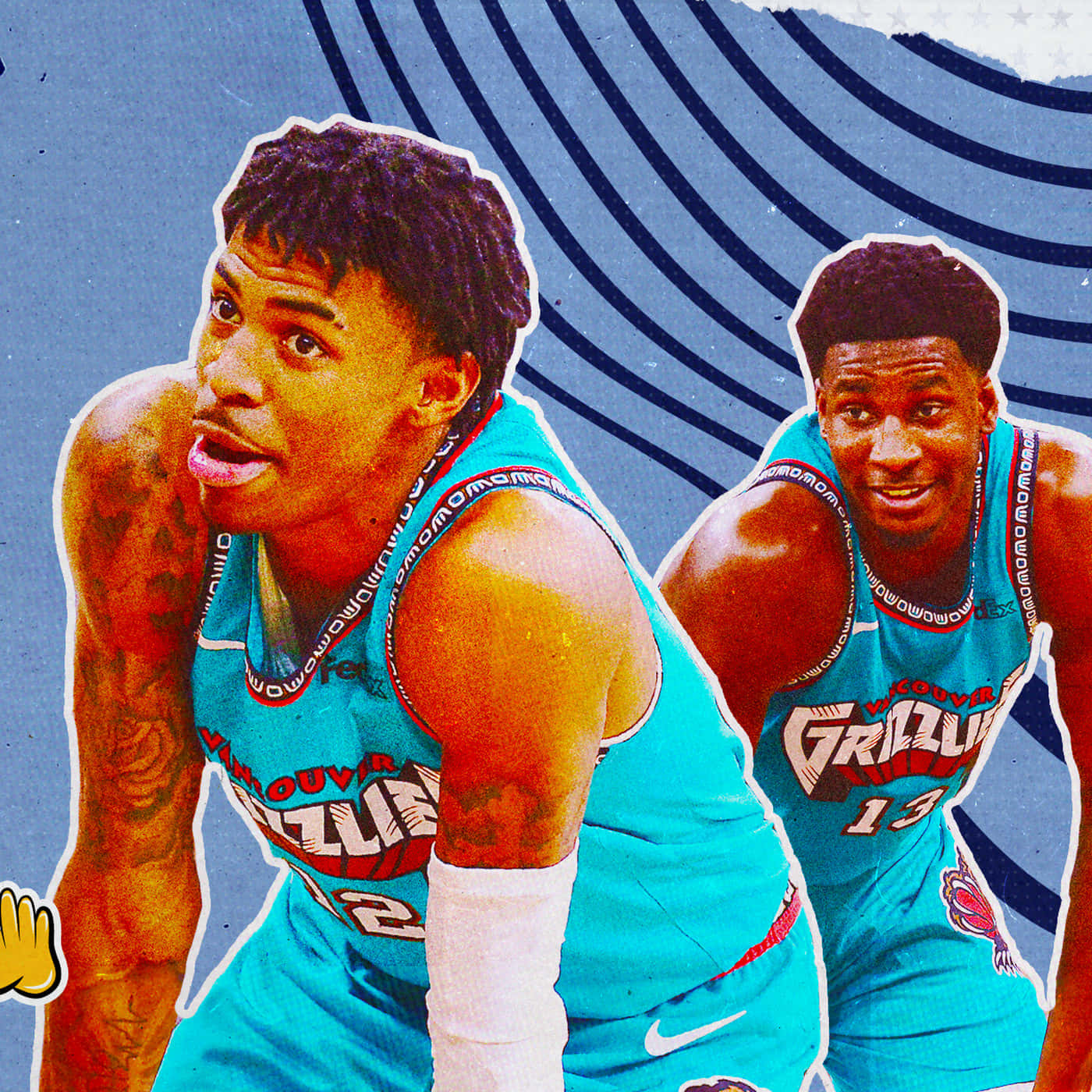 Memphis Grizzlies 桌布 壁紙 — 兩名身穿青綠色曼菲斯灰熊隊球衣的籃球運動員在帶有醒目黑色曲線的藍色背景前動態擺姿勢。