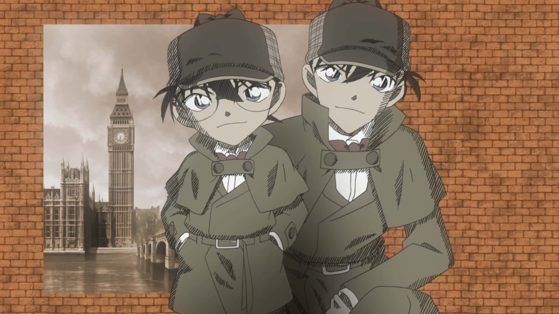 Detective Conan 桌布 壁紙 — 兩名身穿風衣、戴帽子的動畫偵探站在磚牆前，身後是帶有倫敦天際線（包括大笨鐘）的懷舊棕色背景。
