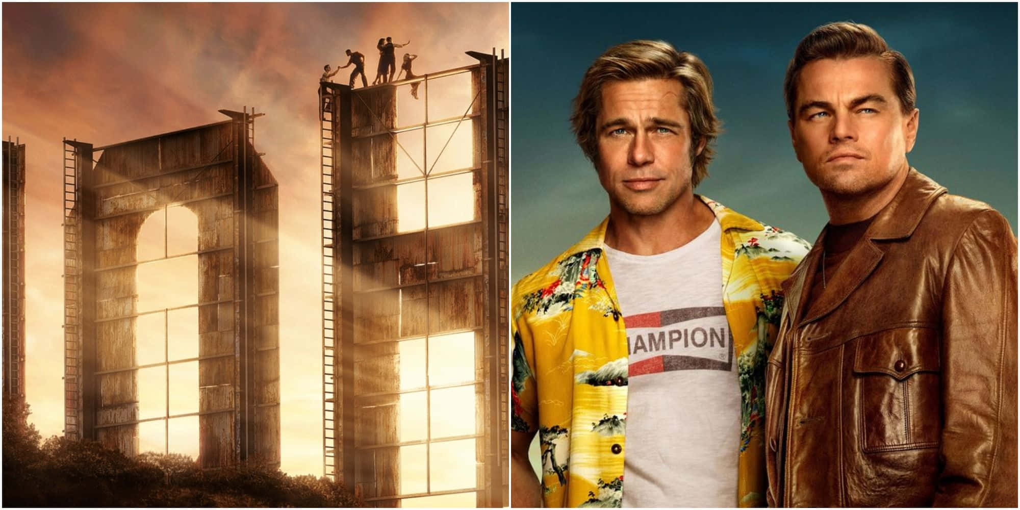 once upon a time in hollywood 桌布 壁紙 — 兩名身穿鮮豔襯衫的男子在藍天下並肩而立，剪影在日落時分攀爬高大的工業筒倉。