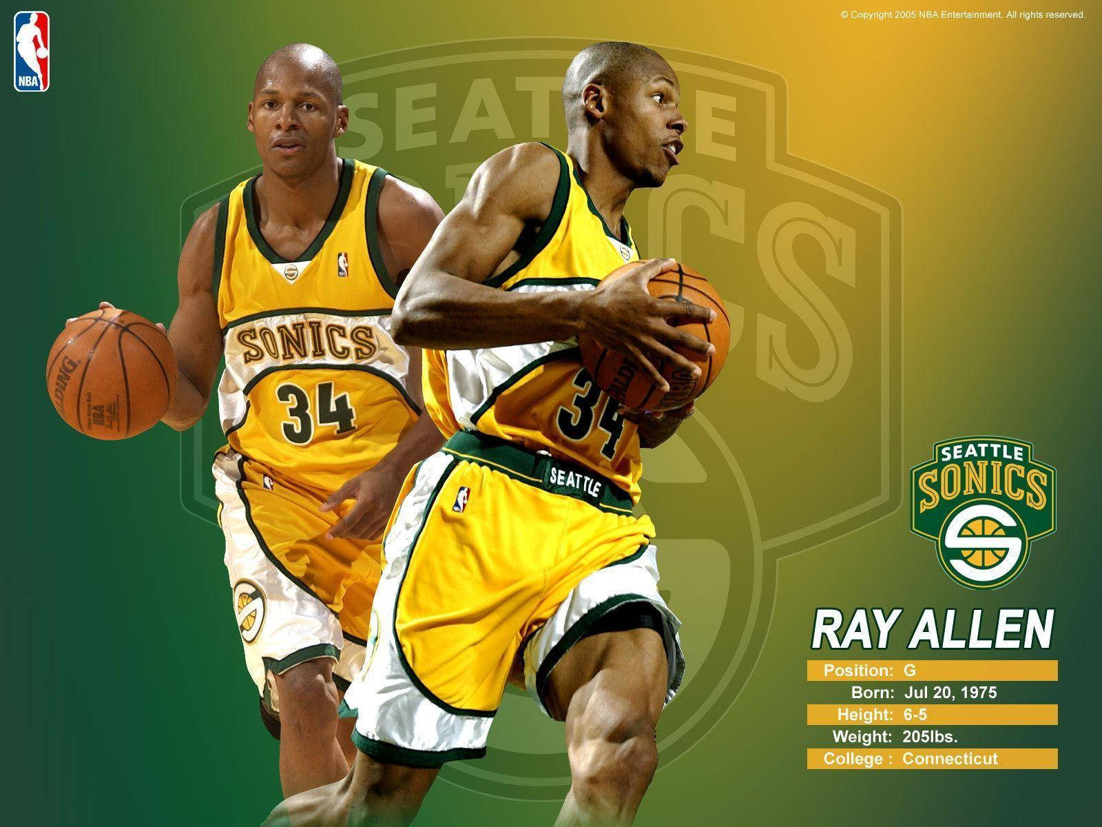 Ray Allen 桌布 壁紙 — 兩名身穿黃綠色球衣的西雅圖超音速籃球運動員在漸變綠黃色背景前運球。
