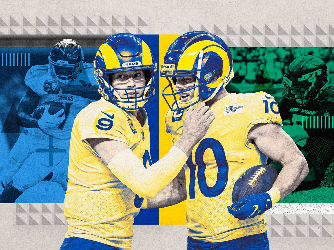 兩名身穿公羊隊制服的美式足球員在比賽中慶祝。 — NFL GIF 壁紙