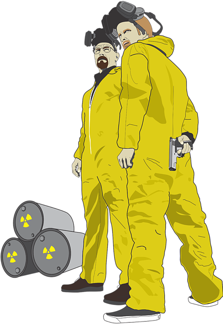 絕命毒師 桌布 壁紙 — 兩名身穿黃色防護服的男人站在放射性桶旁，其中一人手持槍支。