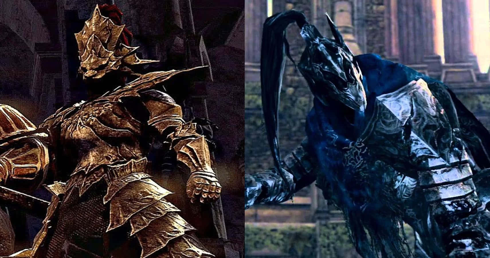 Dark Souls Bosses 桌布 壁紙 — 兩名身穿黑暗奇幻盔甲的戰士站在哥德式廢墟中，一個金色，一個藍色，兩者都充滿威脅且細節豐富。