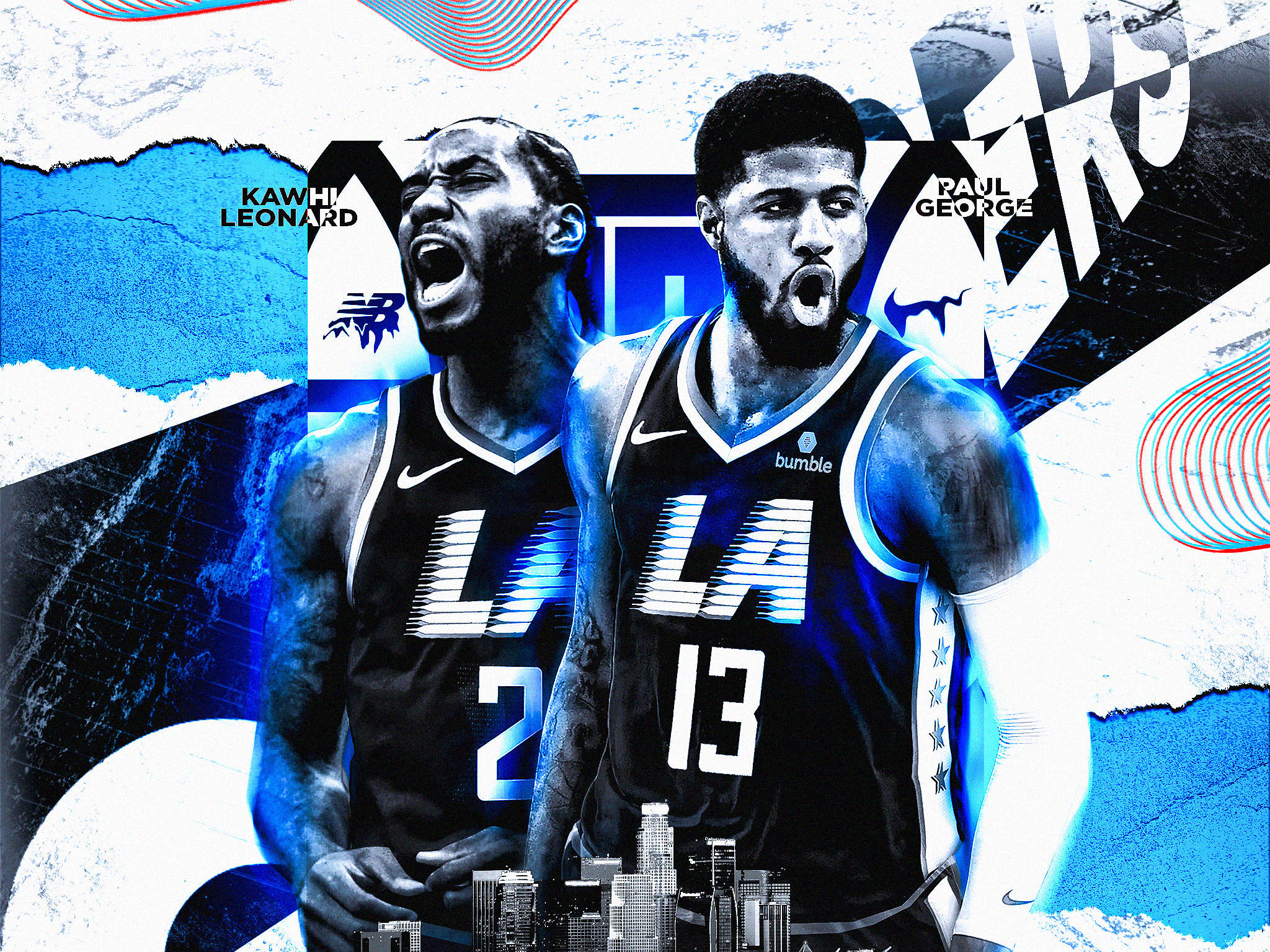 Paul George 桌布 壁紙 — 兩名身穿黑色LA球衣的籃球運動員在醒目的藍白抽象城市景觀背景下咆哮。