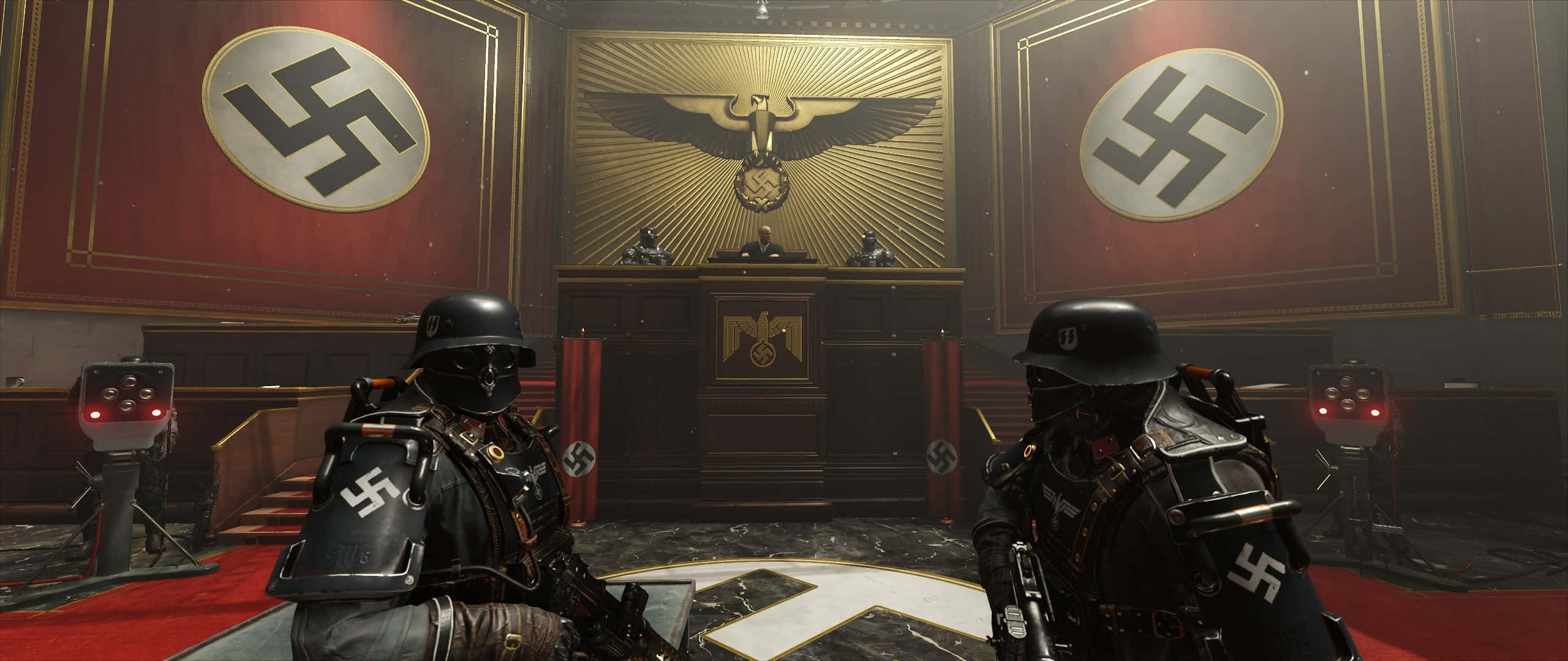 Best Wolfenstein Ii 桌布 壁紙 — 兩名身穿黑色制服、帶有卐字標誌的士兵站在一個昏暗的納粹指揮室內，室內裝飾有鷹和卐字標誌。