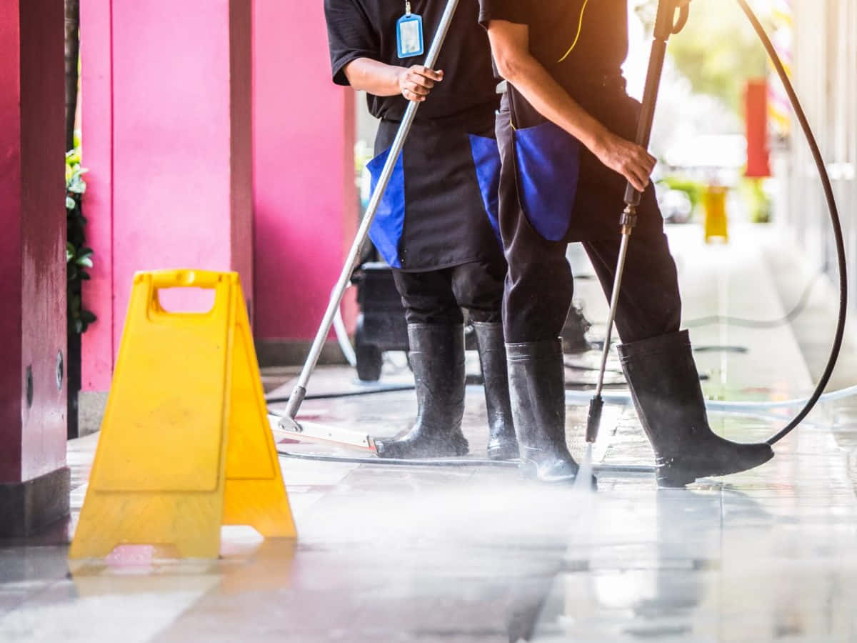 Cleaning 桌布 壁紙 — 兩名身穿黑色制服和靴子的工人使用高壓清洗機清潔濕滑的瓷磚地板，旁邊有一個亮黃色的警示標誌。