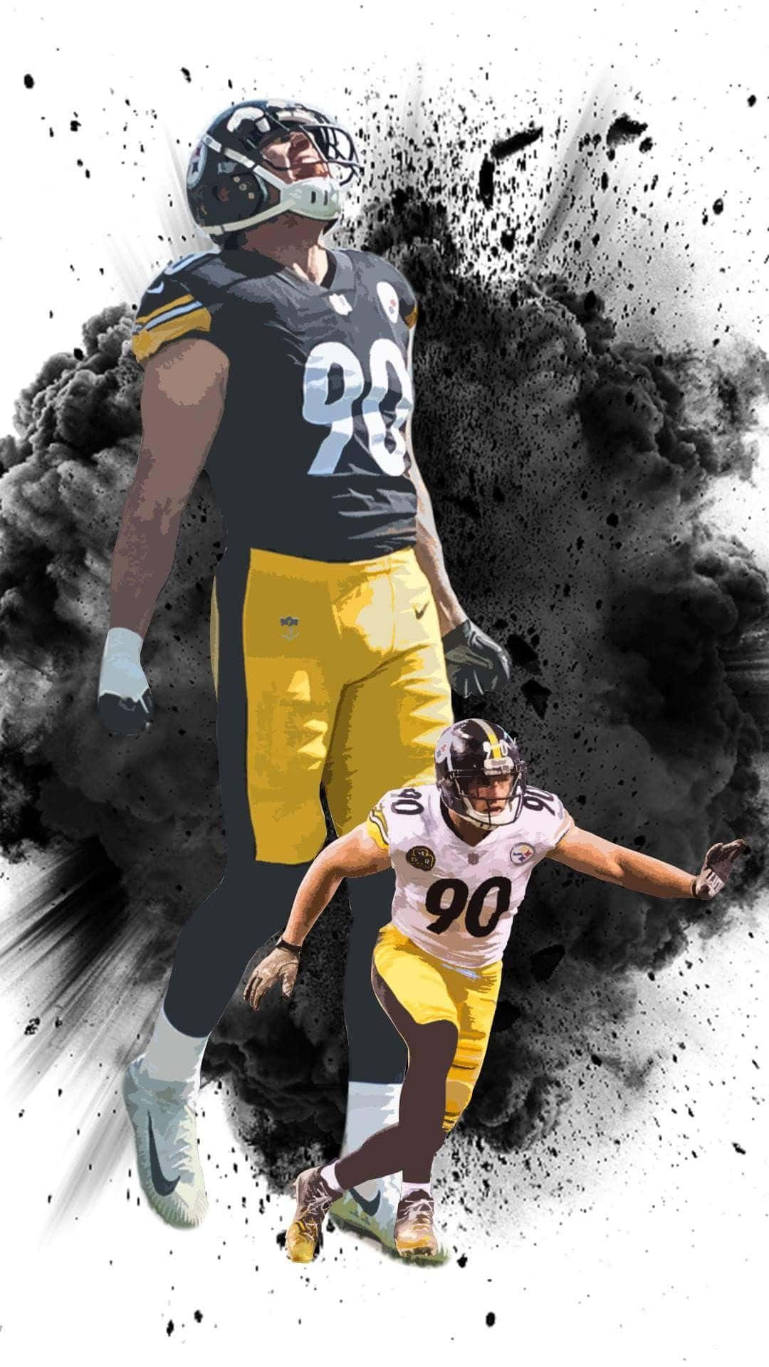Football Players 桌布 壁紙 — 兩名身穿黑色和金色球衣的匹茲堡鋼人隊美式足球員在白色背景上衝破黑色墨水爆炸。