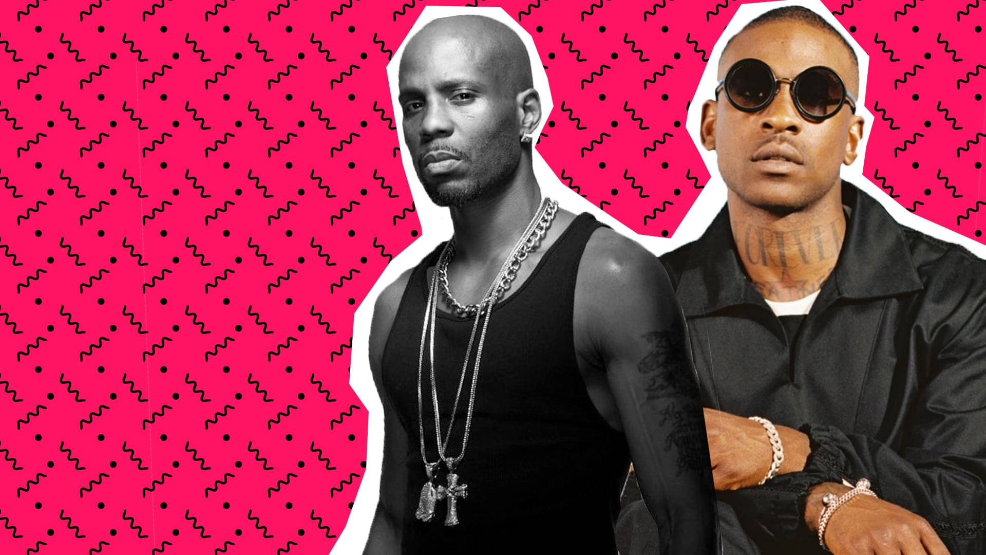 Skepta 桌布 壁紙 — 兩名身穿黑色服裝的男子站在充滿活力的粉紅色背景前，背景帶有鋸齒形和圓點圖案。