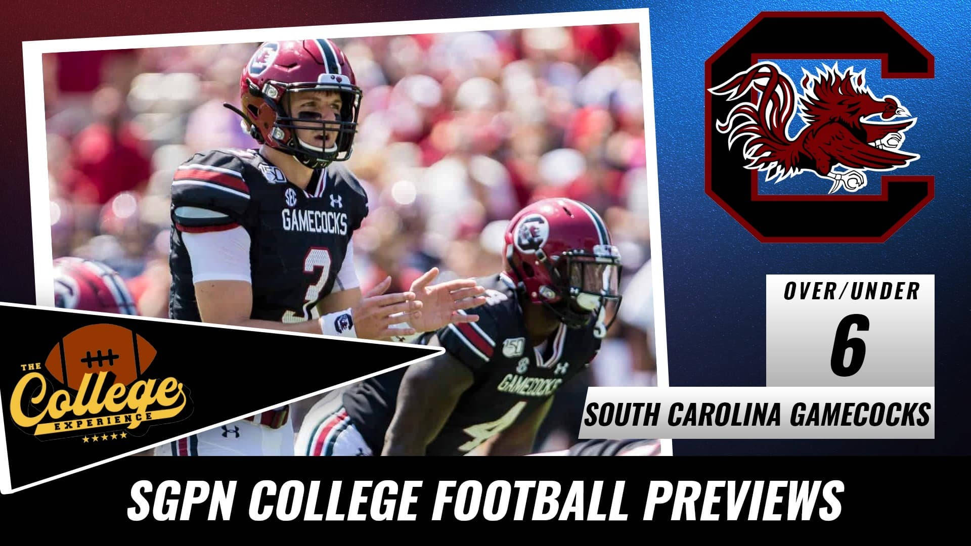 South Carolina Gamecocks 桌布 壁紙 — 兩名身穿黑色球衣的南卡羅來納鬥雞隊美式足球員在陽光明媚的球場上擊掌，並帶有球隊標誌和統計數據覆蓋層。