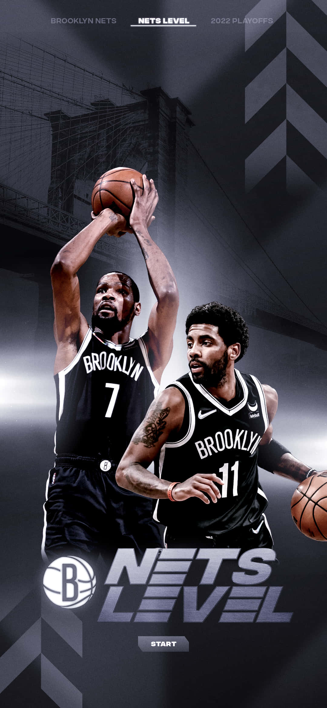 Brooklyn Nets 桌布 壁紙 — 兩名身穿黑色球衣的布魯克林籃網籃球運動員在黑暗的城市背景下投籃和運球，背景有橋樑剪影。