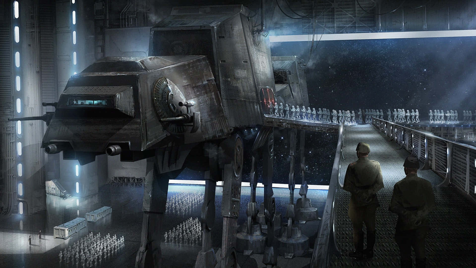 Imperial Army 桌布 壁紙 — 兩名軍官沿著一座橋行走，俯瞰一個充滿星星的機庫中的巨大AT-AT步行機，下方排列著風暴兵。