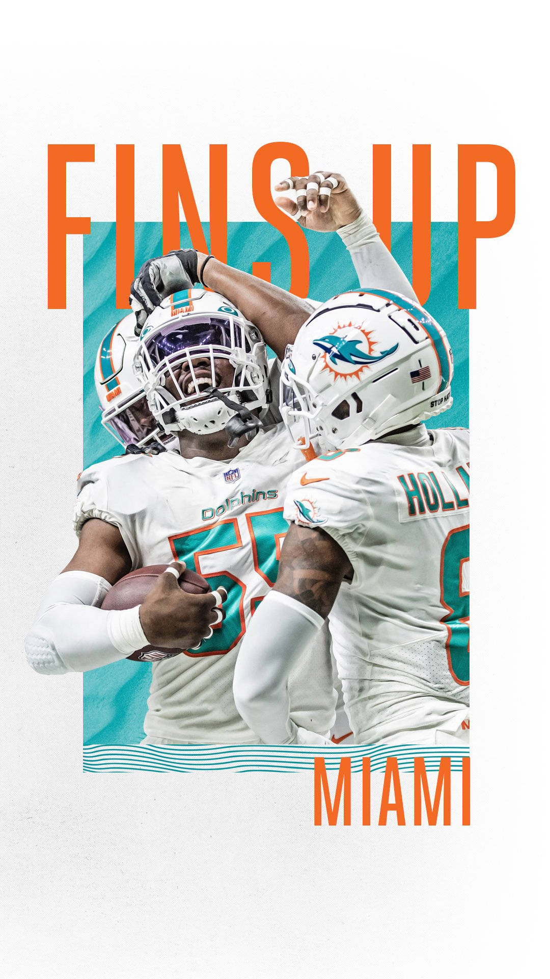 Miami Dolphins iPhone 桌布 壁紙 — 兩名邁阿密海豚隊美式足球員身穿帶有青綠色點綴的白色球衣，在醒目的圖形背景前慶祝。