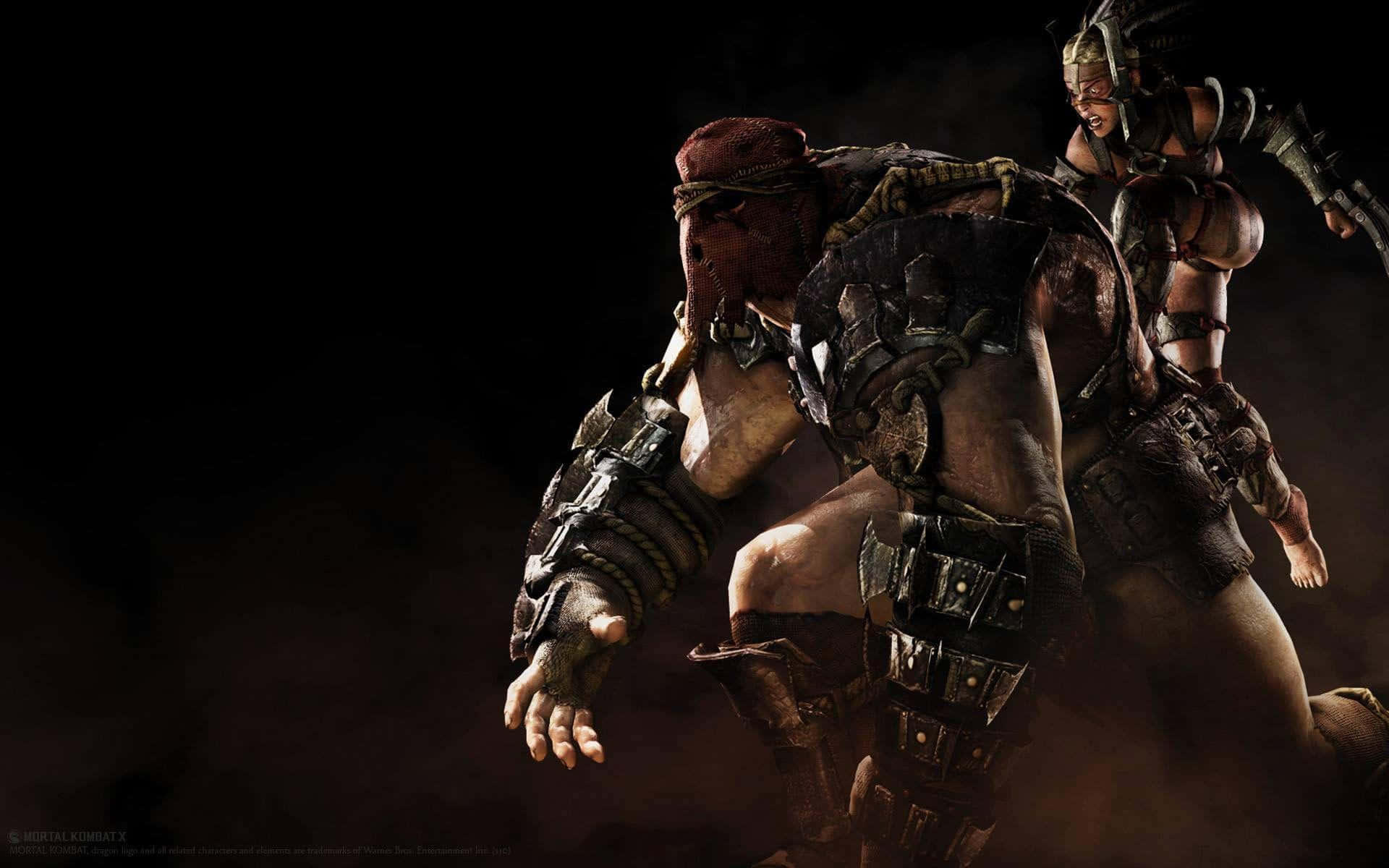 Mortal Kombat X 桌布 壁紙 — 兩名重甲戰士在黑暗煙霧彌漫的競技場中，於戲劇性燈光下準備戰鬥。