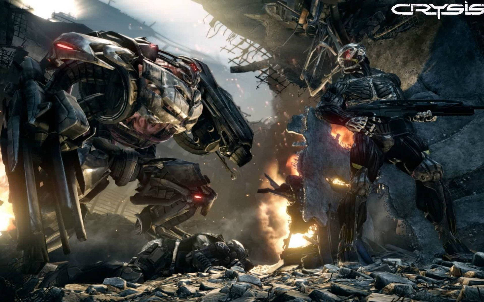 Crysis 3 桌布 壁紙 — 兩名重裝士兵在瓦礫和火焰中，於破碎的城市廢墟中戰鬥。