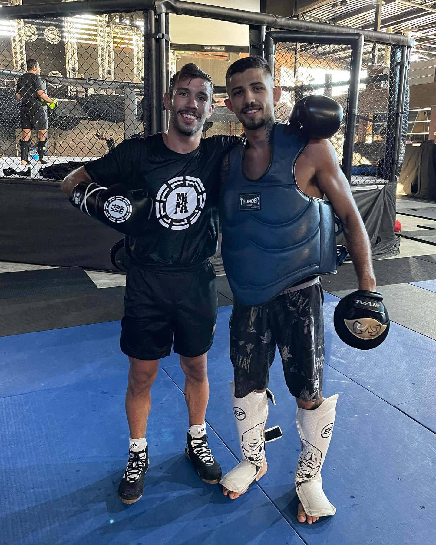健身房 桌布 壁紙 — 兩名面帶微笑的男性拳手穿著MMA裝備，在健身房的鐵籠內一起擺姿勢。