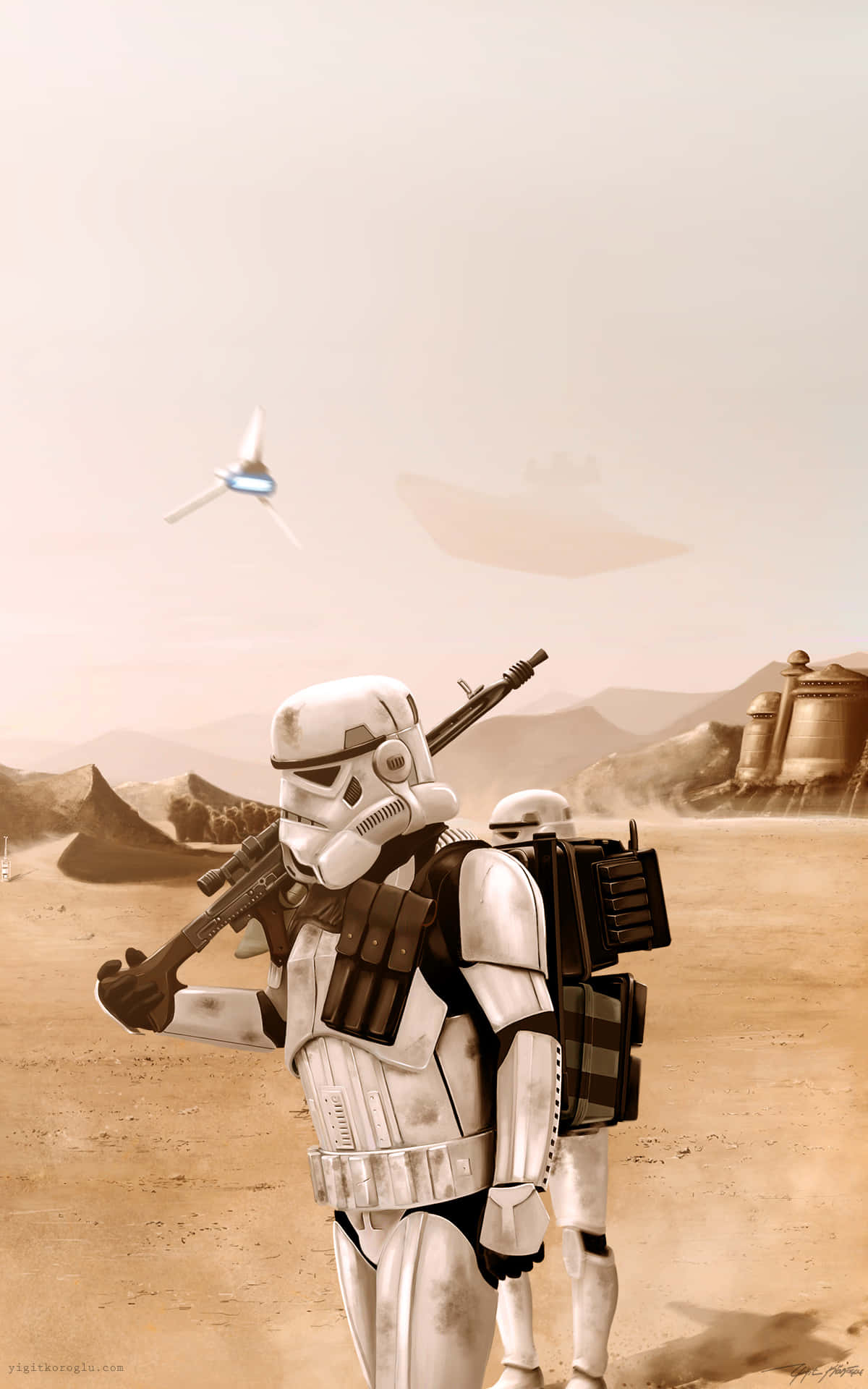 Tatooine 桌布 壁紙 — 兩名風暴兵在塵土飛揚的沙漠景觀中行進，星際戰機在朦朧的天空下飛過頭頂。