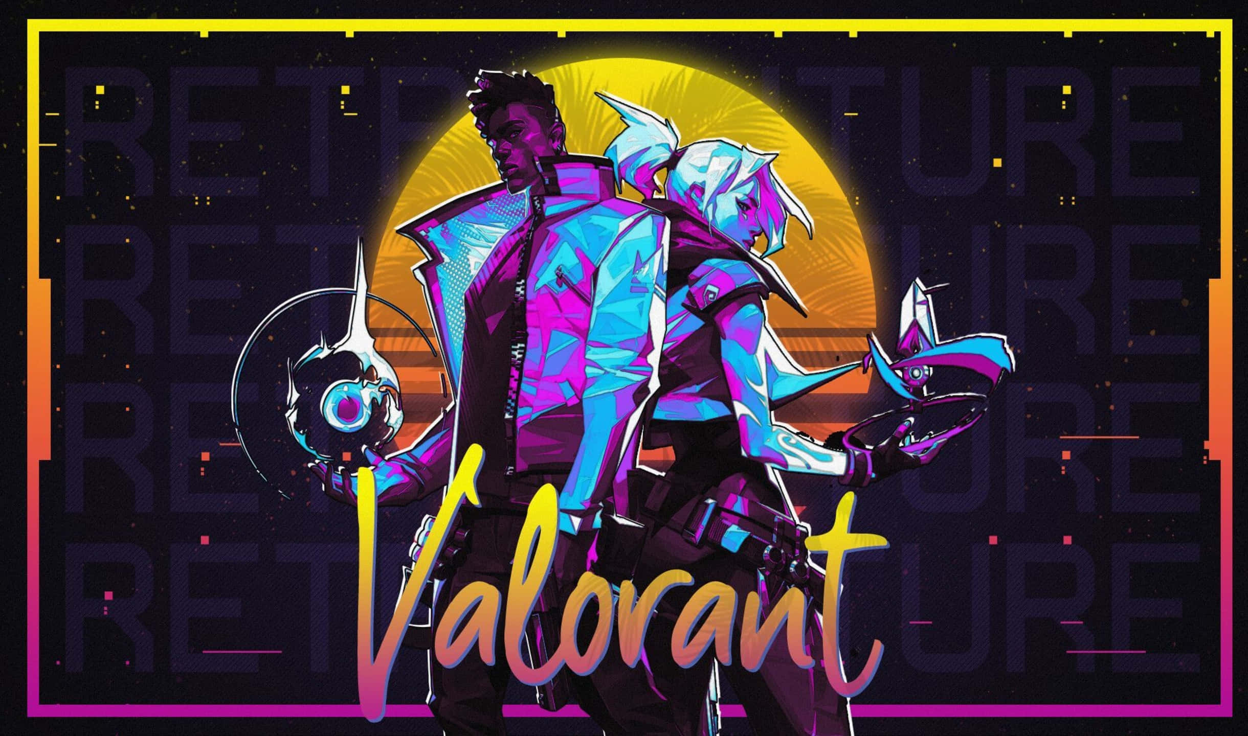 電玩遊戲 桌布 壁紙 — 兩名風格化的Valorant特務背光站在發光的太陽前，背景是星空夜晚，帶有重複文字和鮮豔的霓虹色調。