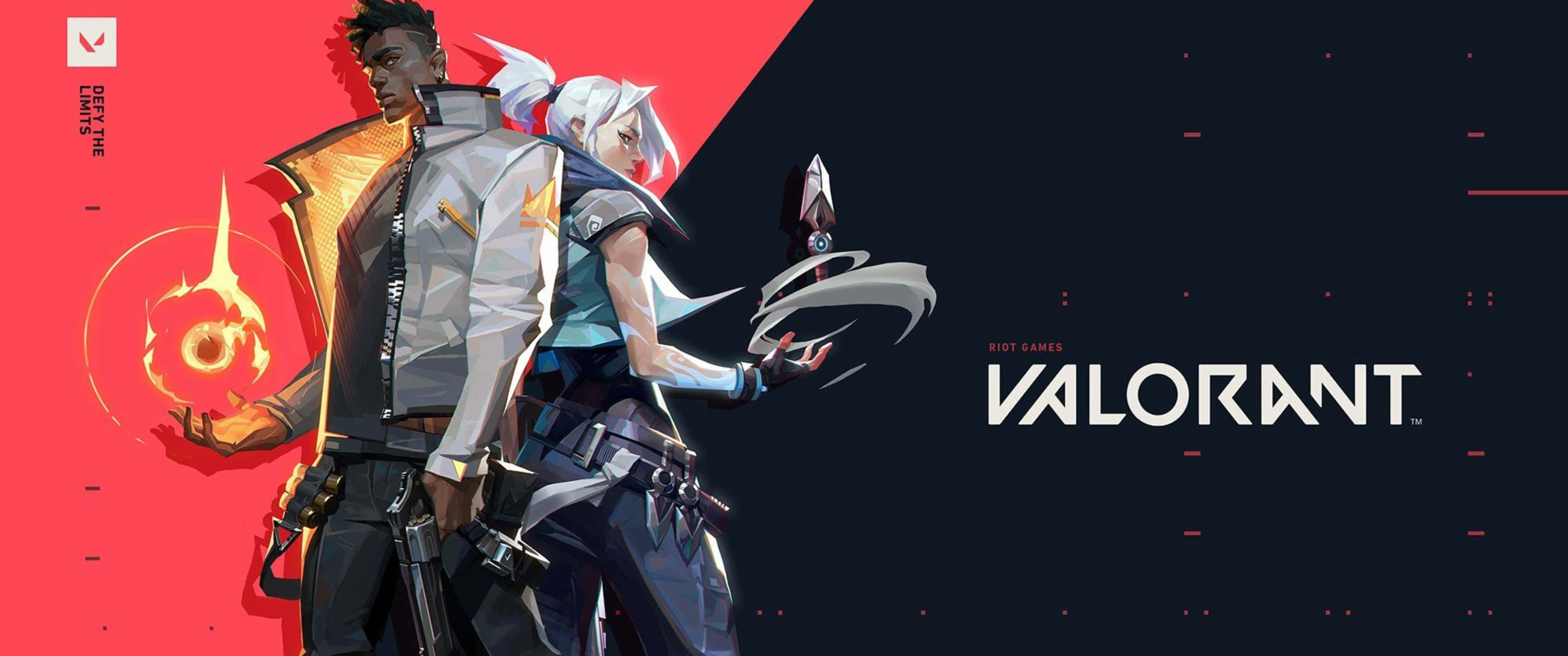 3440x1440p Valorant 桌布 壁紙 — 兩名風格化的Valorant特務蓄勢待發，一人操控火焰，另一人揮舞利刃，背景為大膽的紅黑色調。