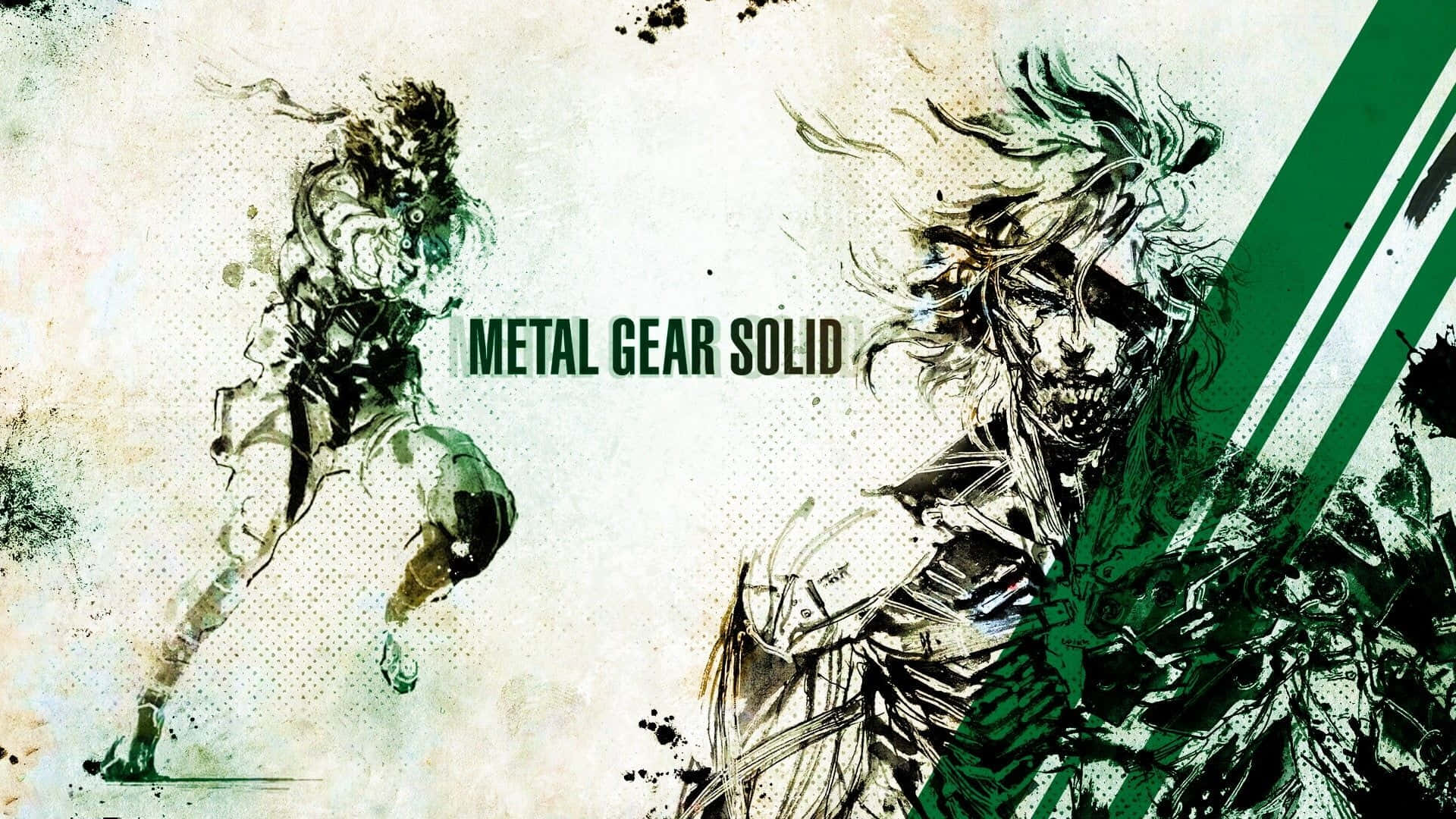 Solid 桌布 壁紙 — 兩名風格化的士兵以動態戰鬥姿勢，背景為帶有綠色條紋和文字「METAL GEAR SOLID」的紋理背景。