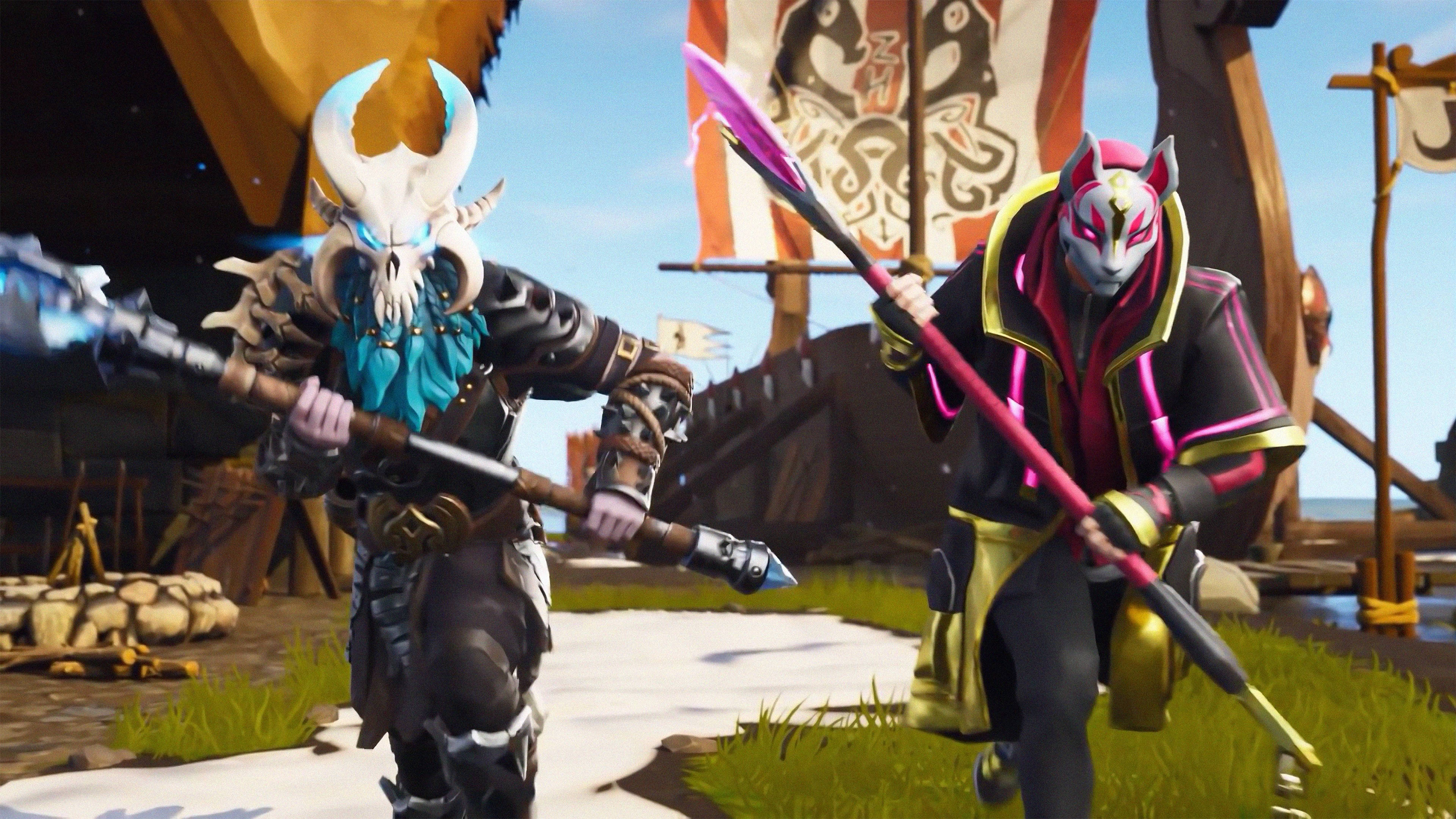 Fortnite 桌布 壁紙 — 兩名風格化的奇幻戰士在充滿活力的數位競技場中，手持發光武器和部落旗幟交鋒。