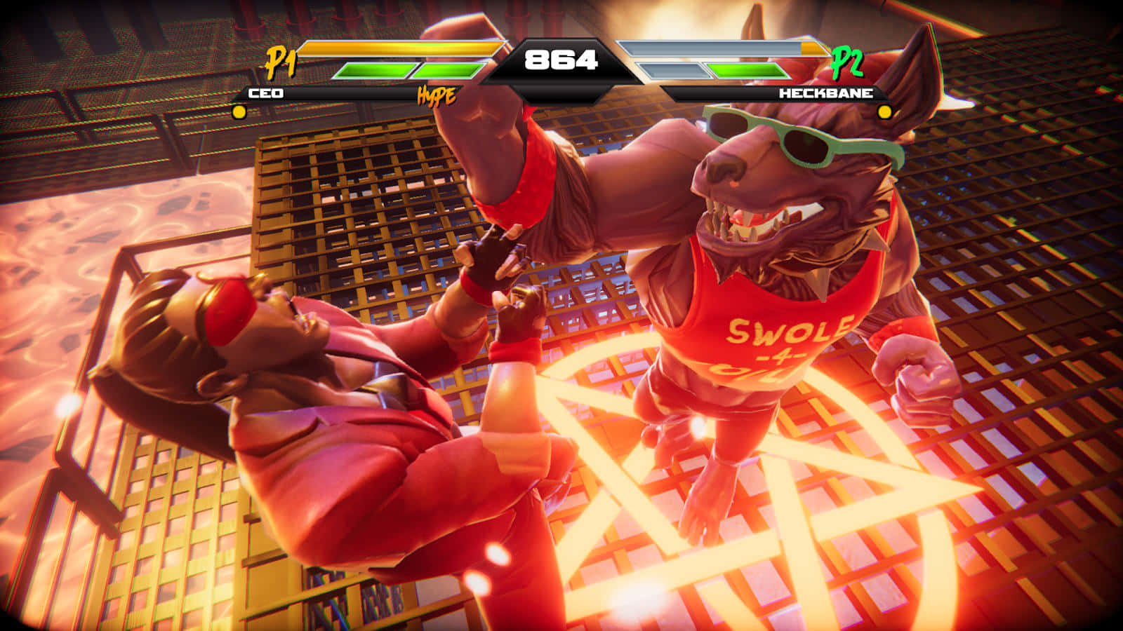 Fighting Games 桌布 壁紙 — 兩名風格化的戰士在一個熾熱的競技場中交鋒，頭頂有發光的五角星和生命值條。