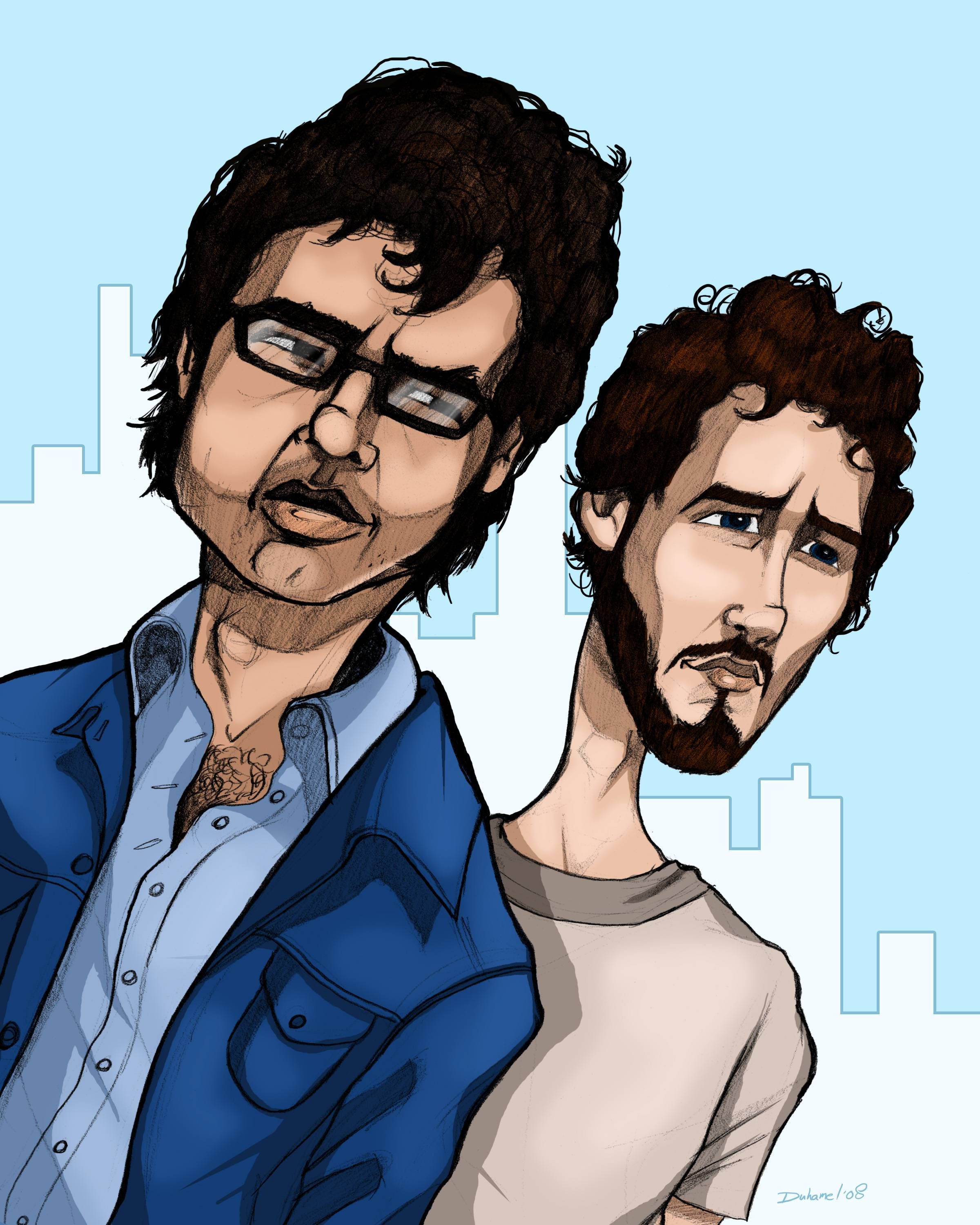 Flight Of The Conchords 桌布 壁紙 — 兩名風格化的男性，表情豐富，捲髮，站在極簡城市天際線背景前。