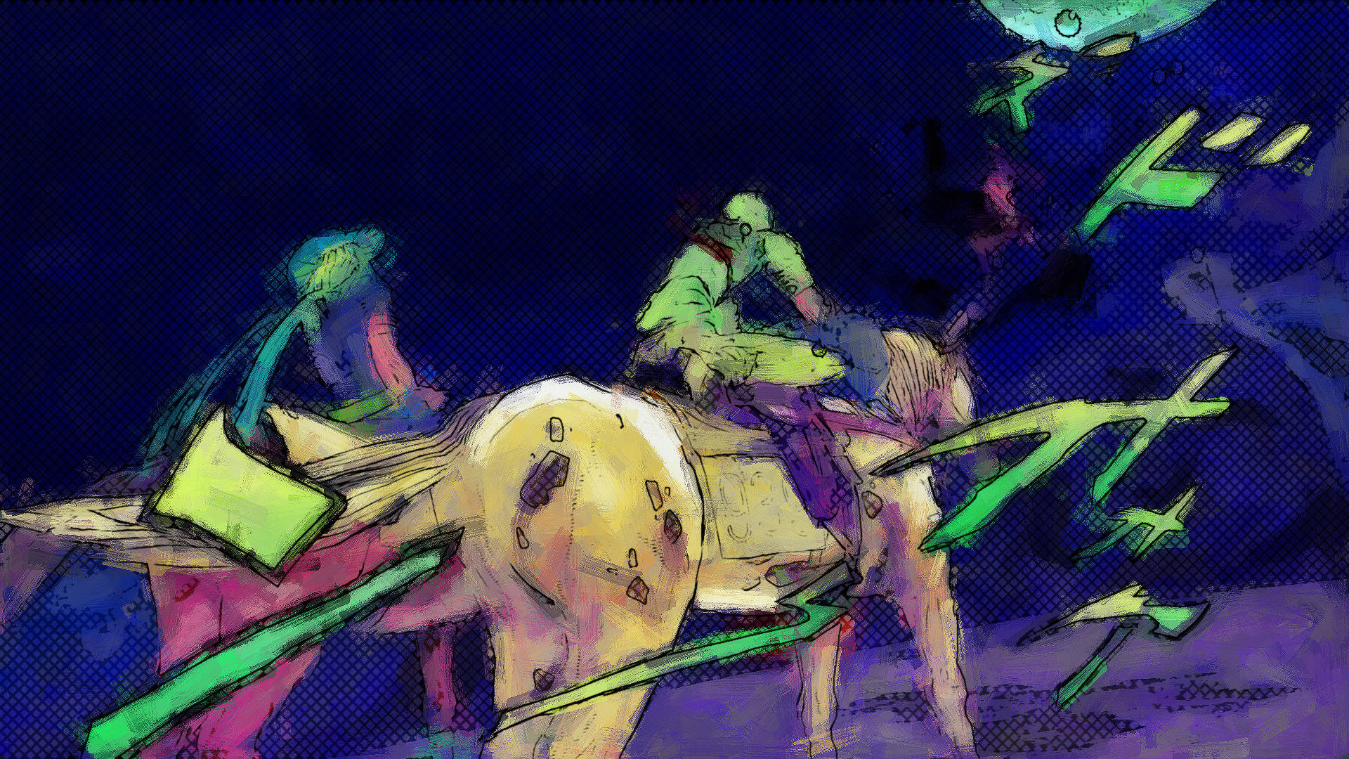 Johnny Joestar 桌布 壁紙 — 兩名風格化的騎手騎著一匹發光的馬，在深藍色的夜晚中衝刺，伴隨著霓虹綠能量刀片和漂浮物體。