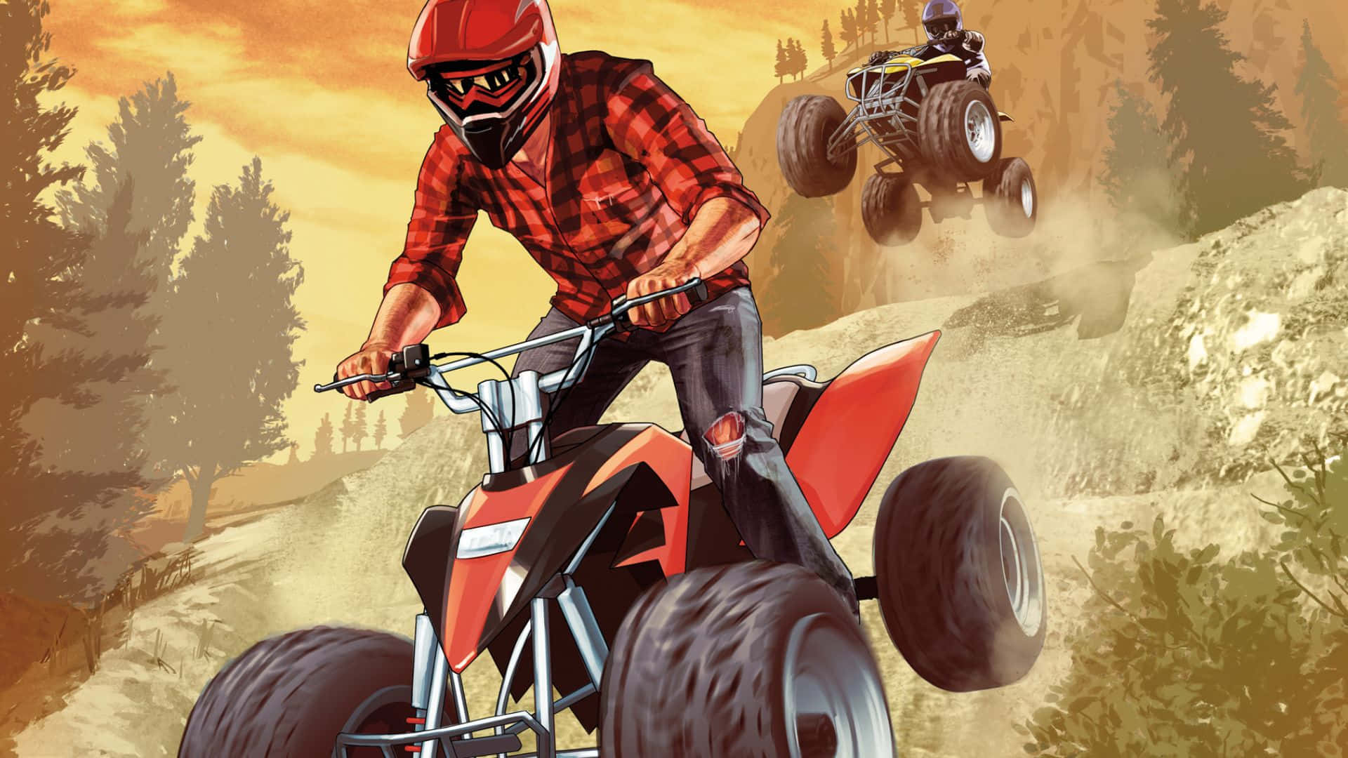 Grand Theft Auto V 桌布 壁紙 — 兩名騎手在日落時分駕駛紅色ATV穿越塵土飛揚的森林小徑，背景有樹木和山丘。