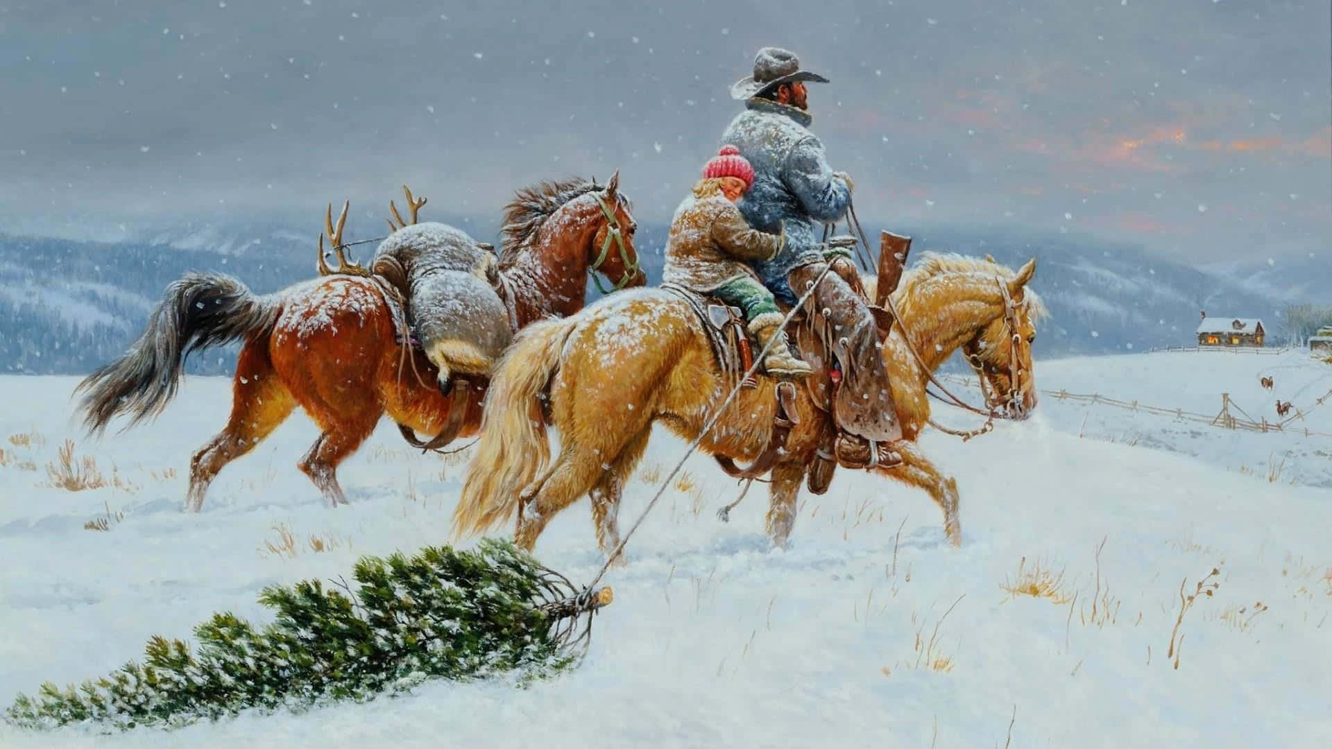 Cowboy Christmas 桌布 壁紙 — 兩名騎手騎著馬，在冬日田野中拖著一棵積雪的松樹，雪花在暮色天空中飄落。