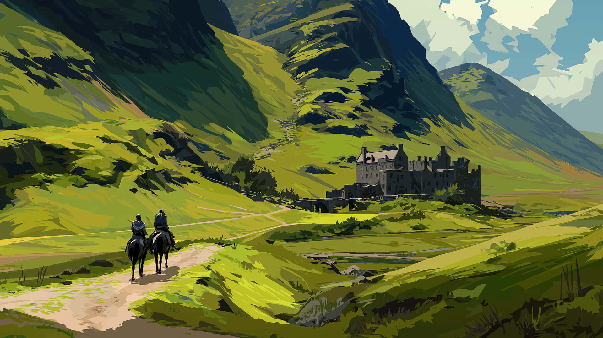 Riders Approach Castle in Vast Green Highland Valley 壁紙 — 兩名騎手騎馬穿過陽光明媚的泥土小徑，前往坐落在翠綠山谷中的石頭城堡。