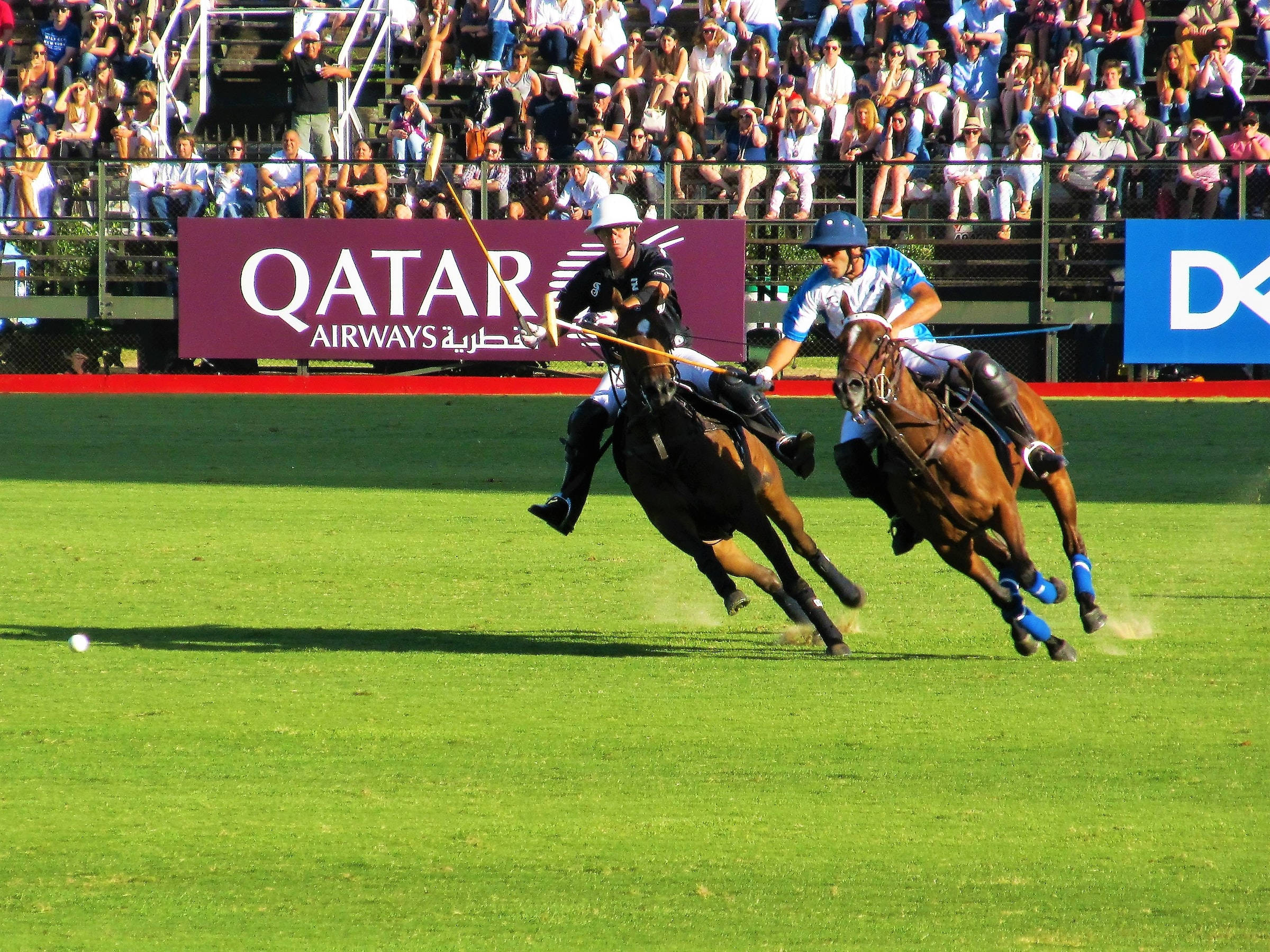 Athletic 桌布 壁紙 — 兩名騎著奔騰馬匹的馬球選手在明亮的日光下，於充滿活力的綠色場地上激烈爭奪一個球。