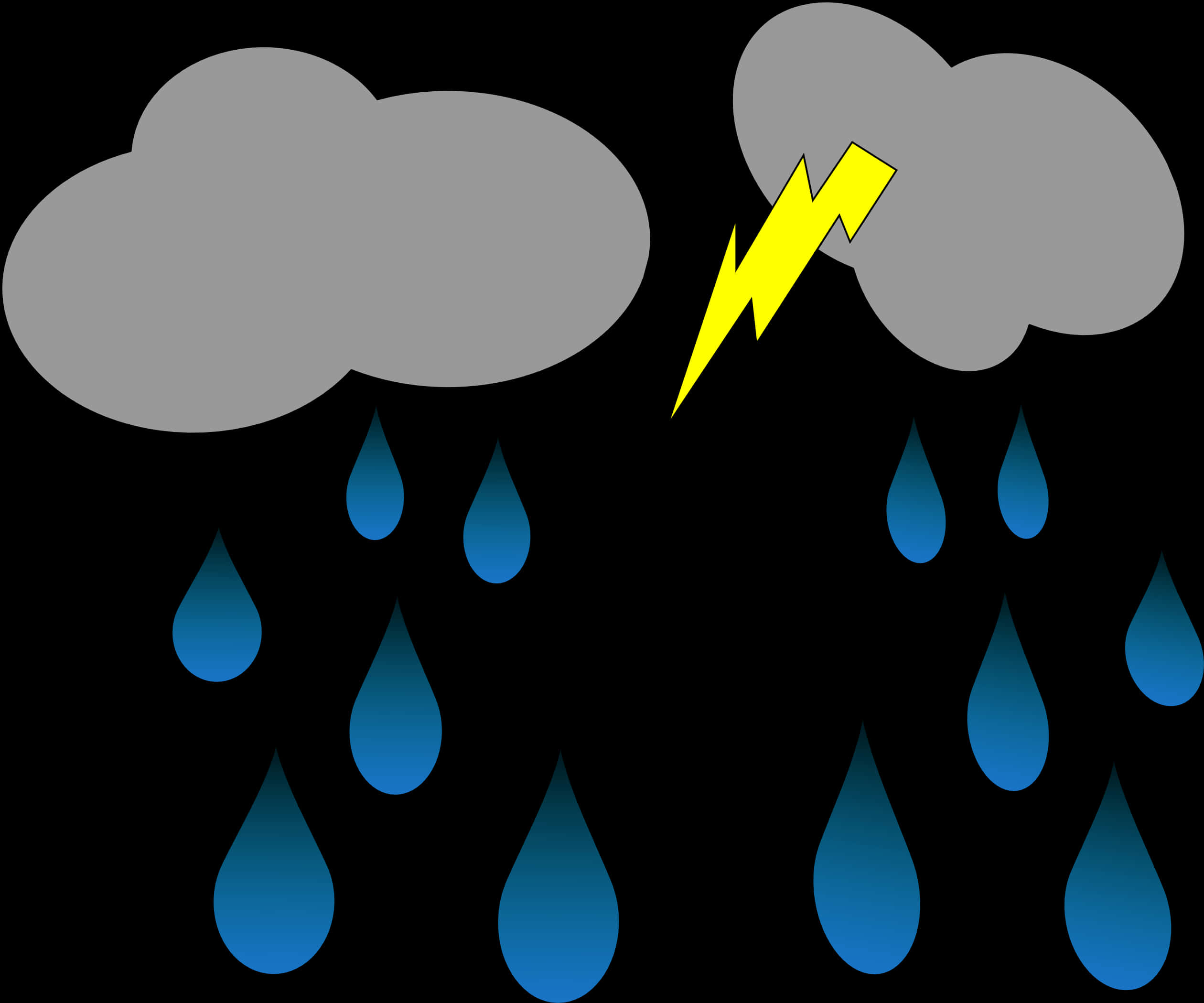 Thunderstorm 桌布 壁紙 — 兩團灰色暴風雨雲降下藍色雨滴，一道明亮的黃色閃電在它們之間劈下，背景為黑色。