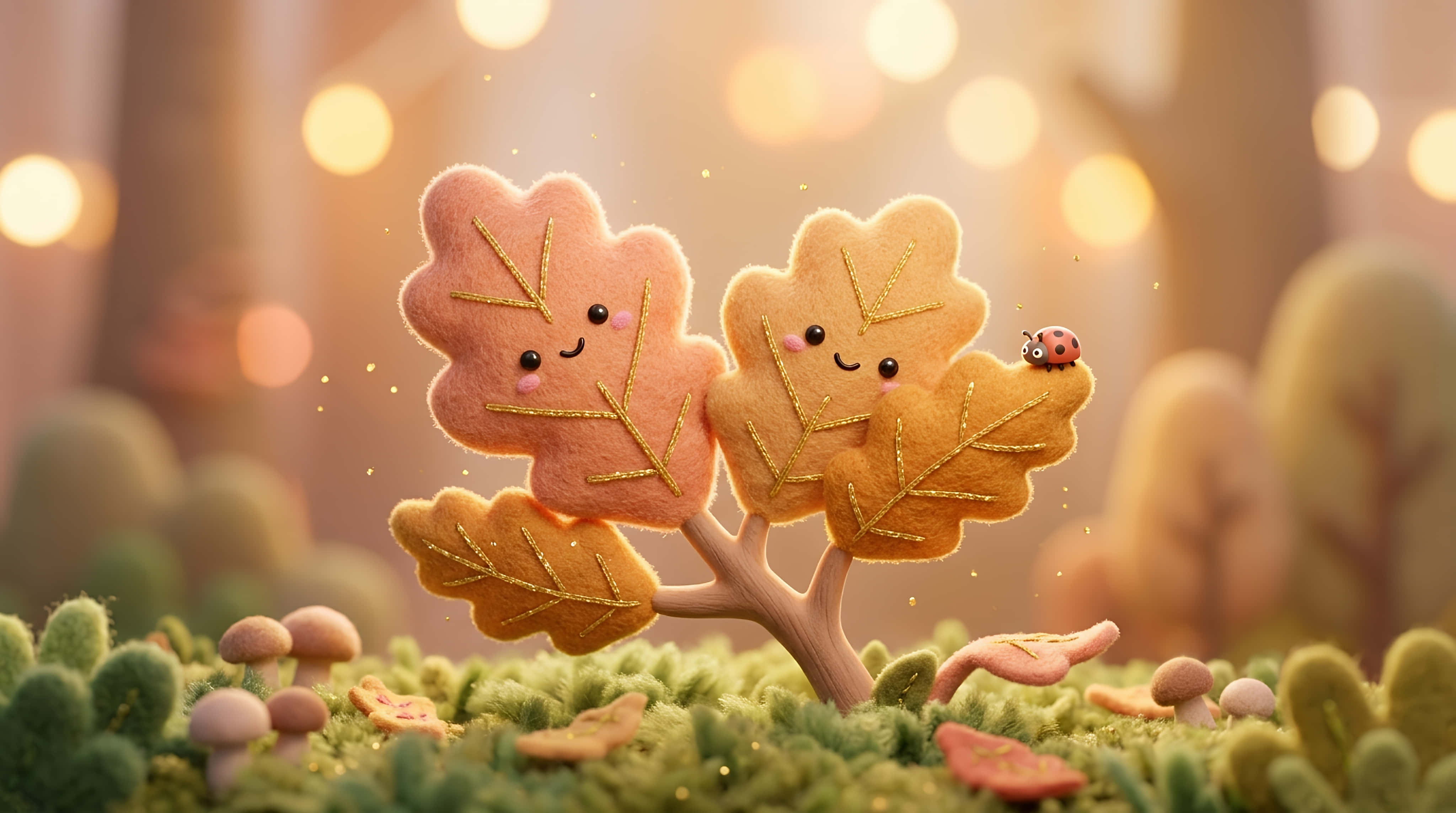 Kawaii Aesthetic 桌布 壁紙 — 兩塊可愛的毛氈秋葉，帶著笑臉，在發光的森林地面上的一棵小樹上擁抱。