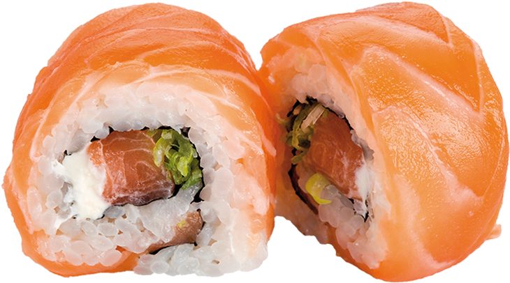 壽司 桌布 壁紙 — 兩塊完美切開的鮭魚壽司卷展現出奶油般的米飯、酪梨和新鮮魚肉，呈現鮮豔的橙色調。