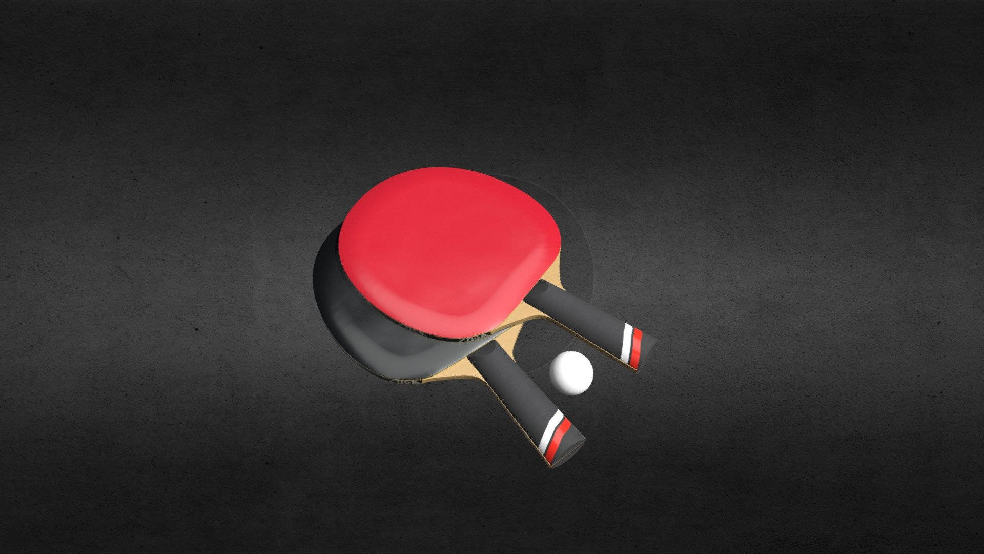 Table Tennis 桌布 壁紙 — 兩塊紅色和黑色橡膠握柄的乒乓球拍放在深色紋理表面上，旁邊有一個白色球。