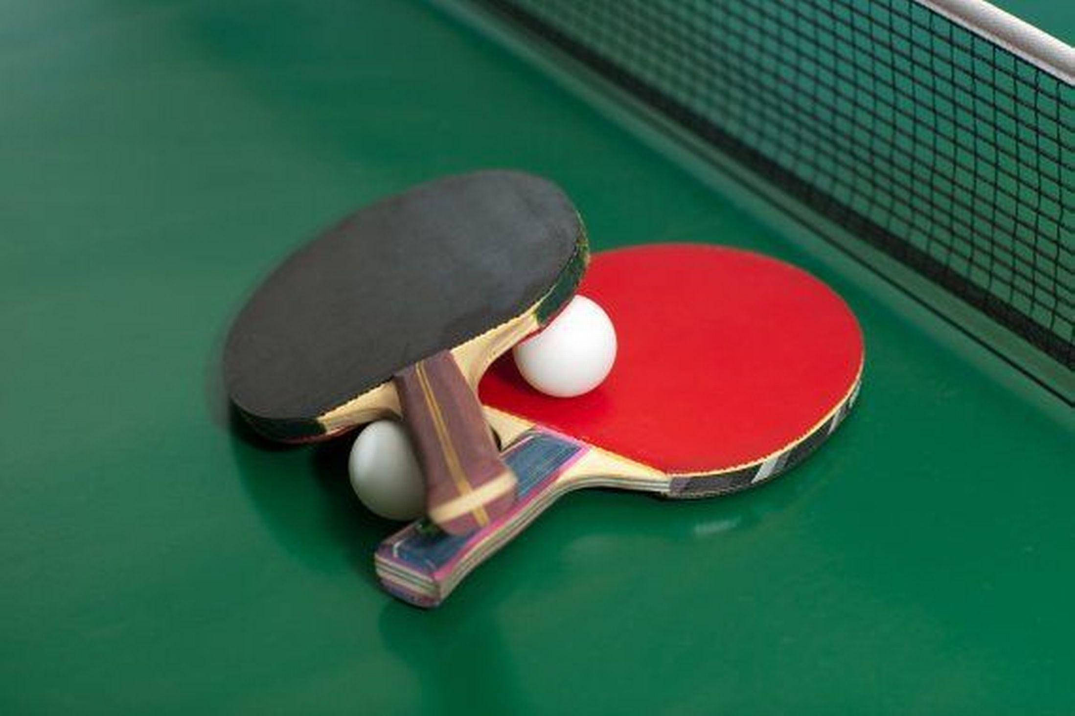 Table Tennis 桌布 壁紙 — 兩塊紅色和黑色橡膠握柄的桌球拍放在綠色桌上，背景有白色桌球和球網。