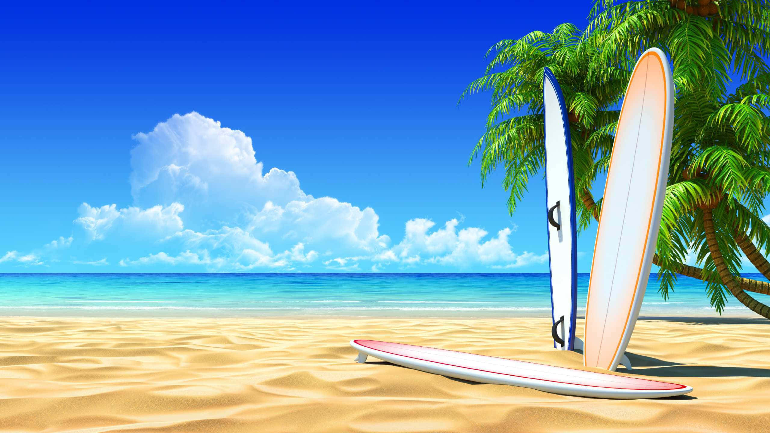 海灘桌面 桌布 壁紙 — 兩塊衝浪板靠在棕櫚樹上，位於金色沙灘，上方是晴朗藍天和蓬鬆白雲。