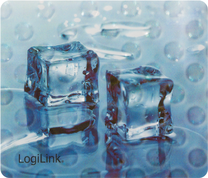 Ice Cube 桌布 壁紙 — 兩塊透明冰塊放在有水滴和氣泡的反射表面上，背景為清涼的藍色調。