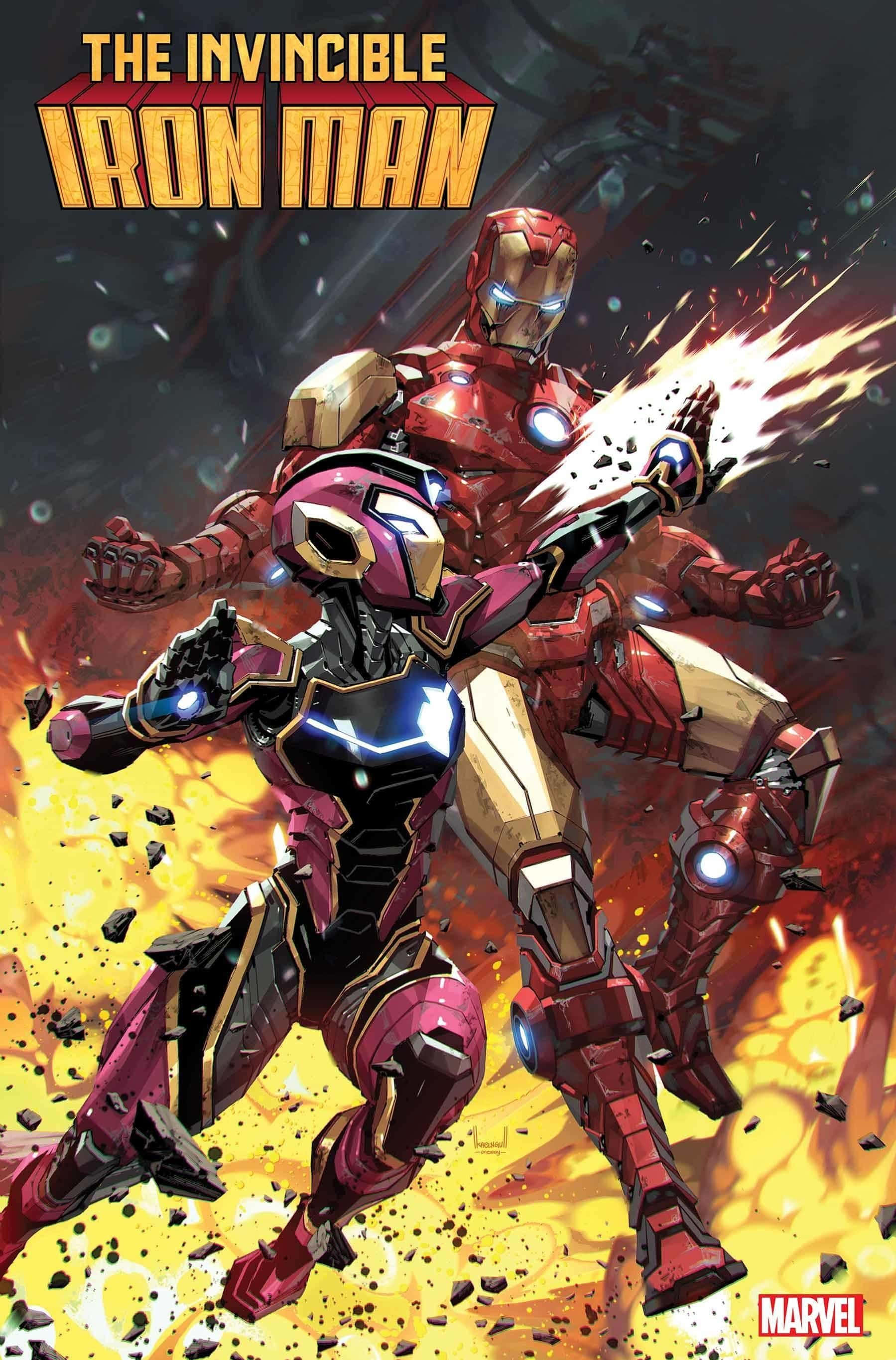Ironheart 桌布 壁紙 — 兩套鋼鐵人裝甲在爆炸碎片和發光能量衝擊中激烈交戰。