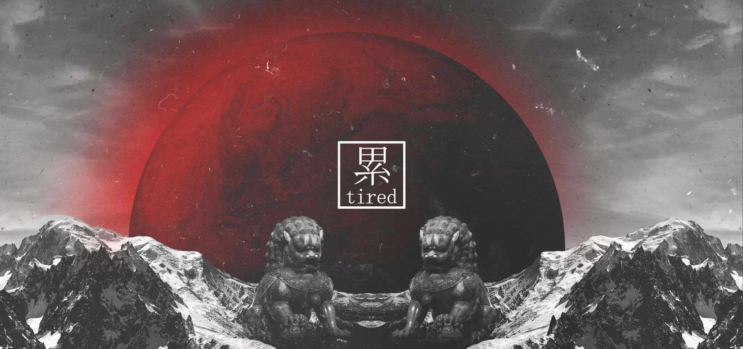 Edgy Aesthetic 桌布 壁紙 — 兩尊石獅雕像守衛著一個積雪的山口，下方是一個巨大的紅色行星，中央顯示著tired一詞。