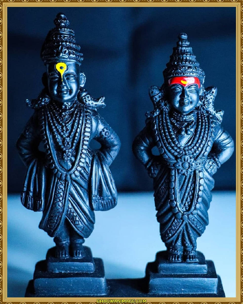 Statue Aesthetic 桌布 壁紙 — 兩尊精雕細琢的印度教神像，飾有華麗的頭飾和項鍊，在冷藍色燈光下並排而立。