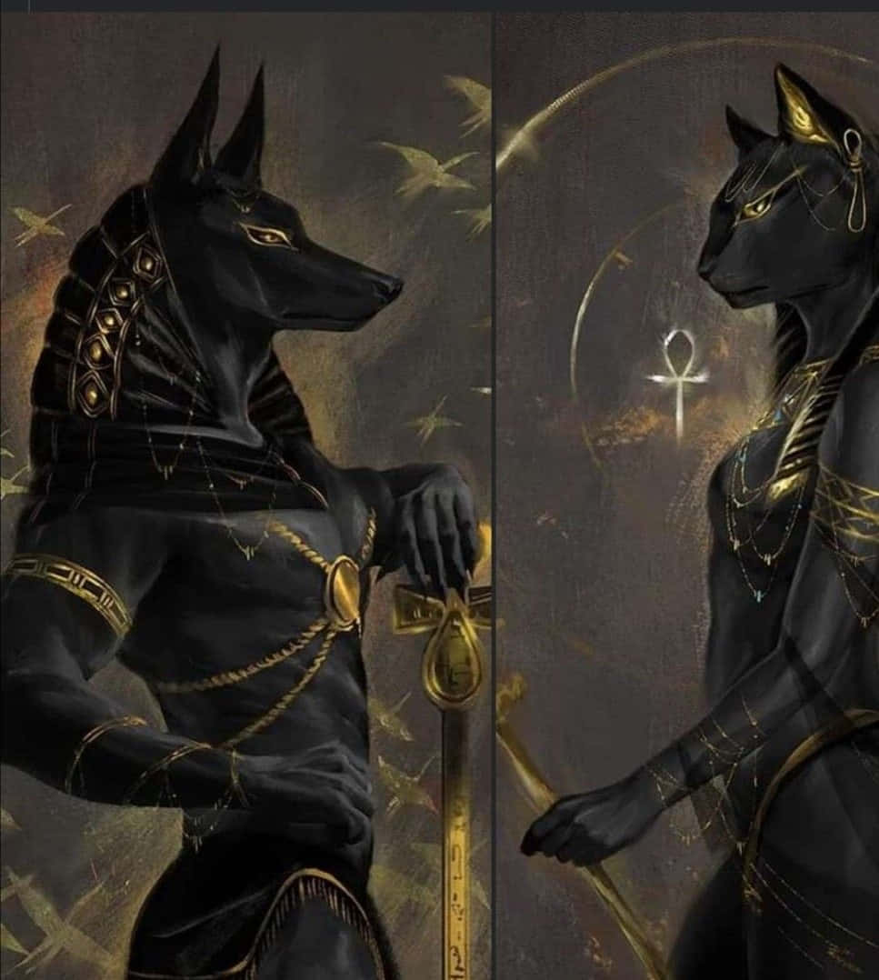 Egyptian Gods 桌布 壁紙 — 兩尊莊嚴的黑色犬神祇，飾有金色象形文字珠寶，在黑暗神秘背景前莊嚴站立，背景有發光符號和飛鳥。