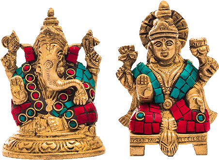 Hinduism 桌布 壁紙 — 兩尊華麗的金色印度教神像，飾有紅色和藍綠色馬賽克瓷磚，並排站在黑色背景前。
