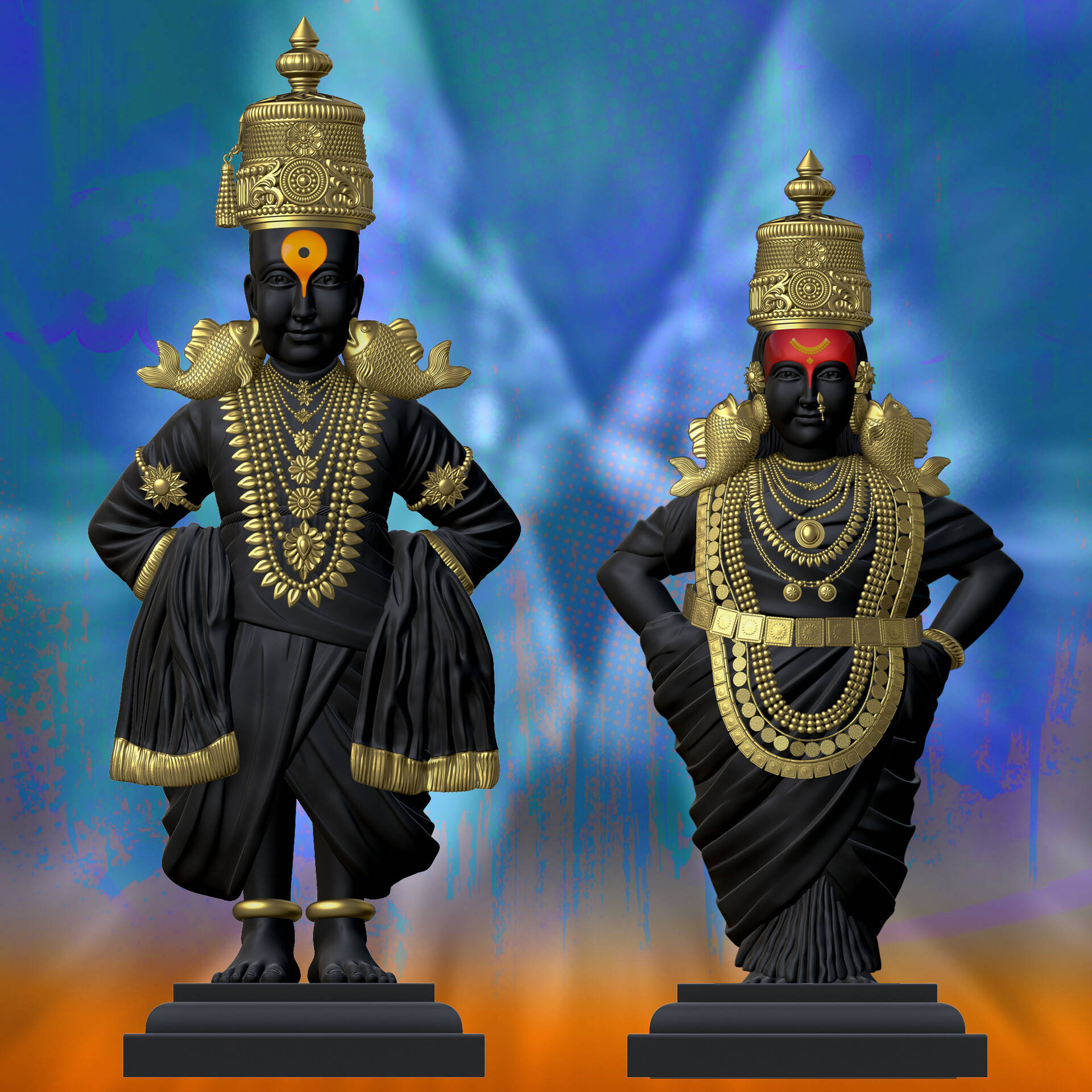 Hindu God 桌布 壁紙 — 兩尊華麗的黑金印度教神像，在充滿活力的藍色和橙色抽象背景前威嚴地矗立。