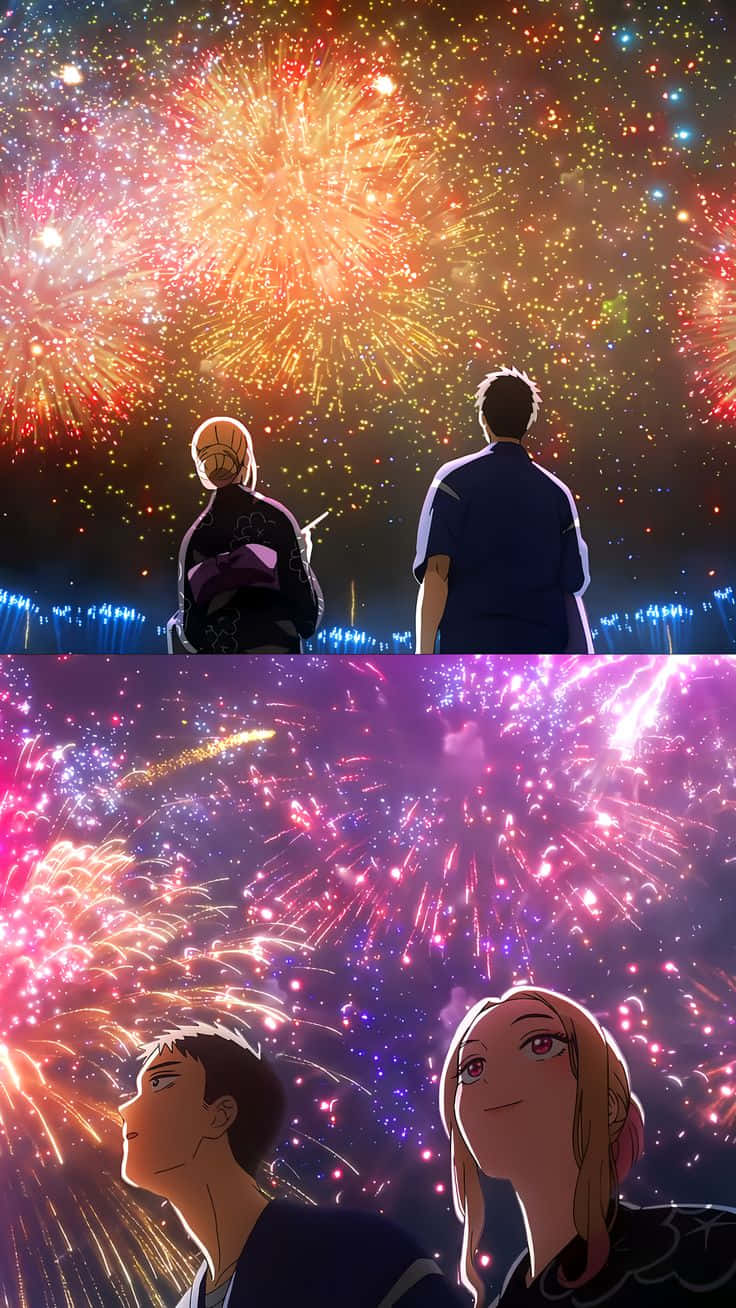KITAGAWAY Y GOJO FUEGOS ARTIFICIALES 壁紙 — 兩對動漫情侶仰望在充滿活力的橙色和紫色夜空中綻放的耀眼煙火。