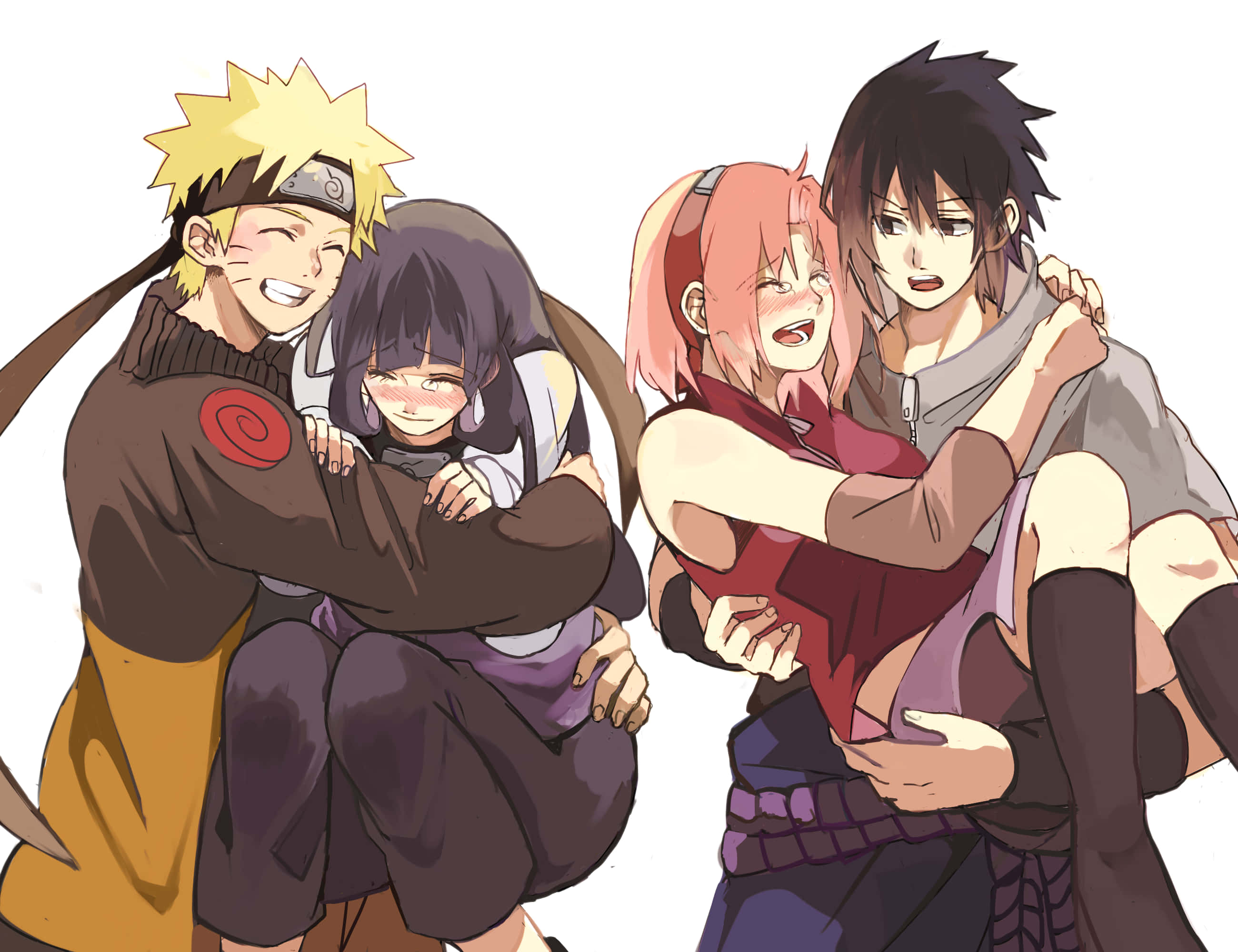 Sasuke Sakura 桌布 壁紙 — 兩對動漫情侶在純白背景前溫暖擁抱，角色設計鮮豔，表情豐富。