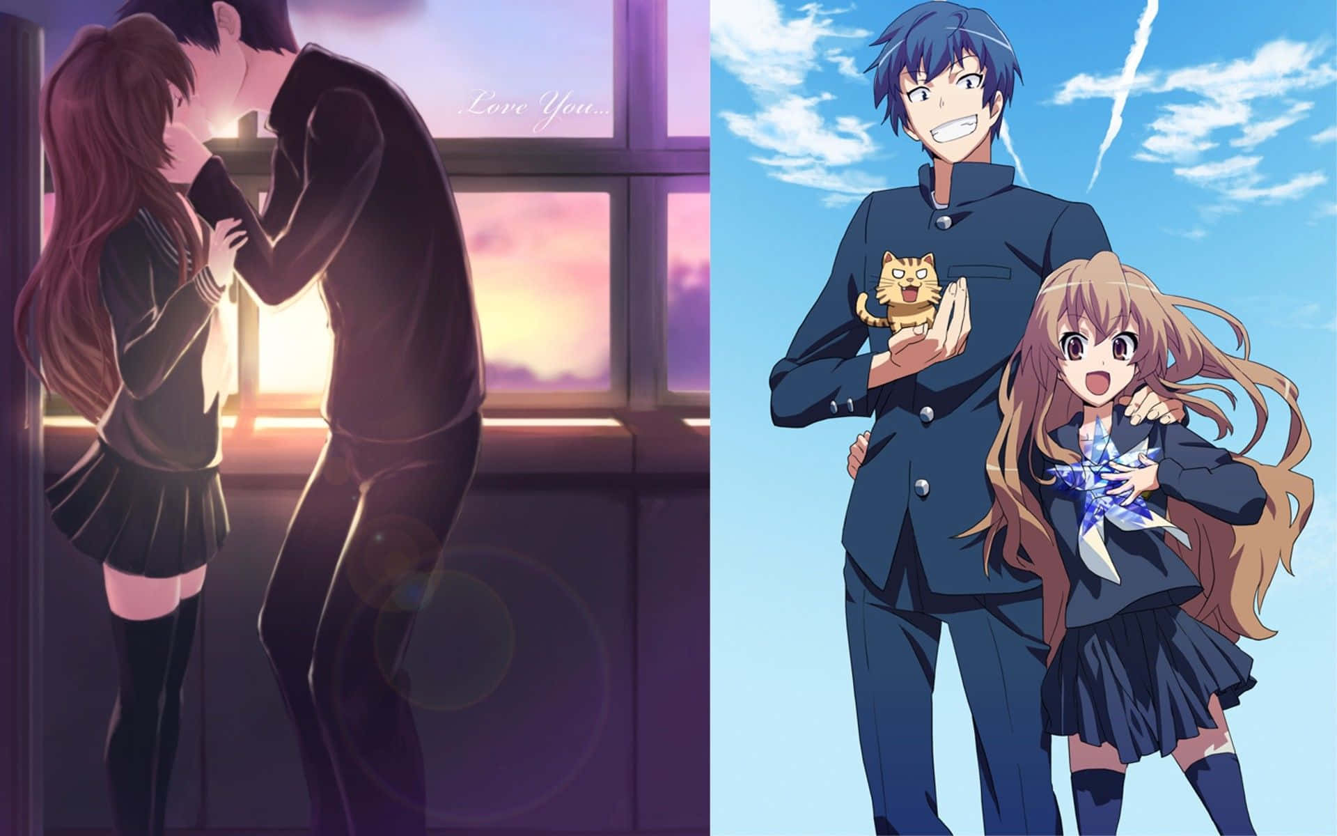 Toradora 桌布 壁紙 — 兩對動漫情侶穿著校服分享溫馨時刻，一對在窗邊夕陽下，另一對在明亮的藍天下有閃電。