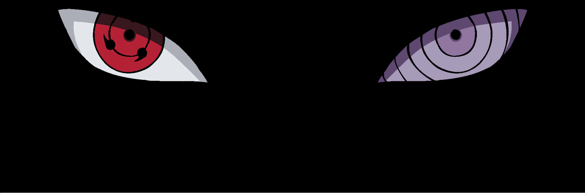 Uchiha Clan 桌布 壁紙 — 兩對動漫眼睛帶有紅色和紫色的寫輪眼和輪迴眼符號，在黑色背景上強烈凝視。