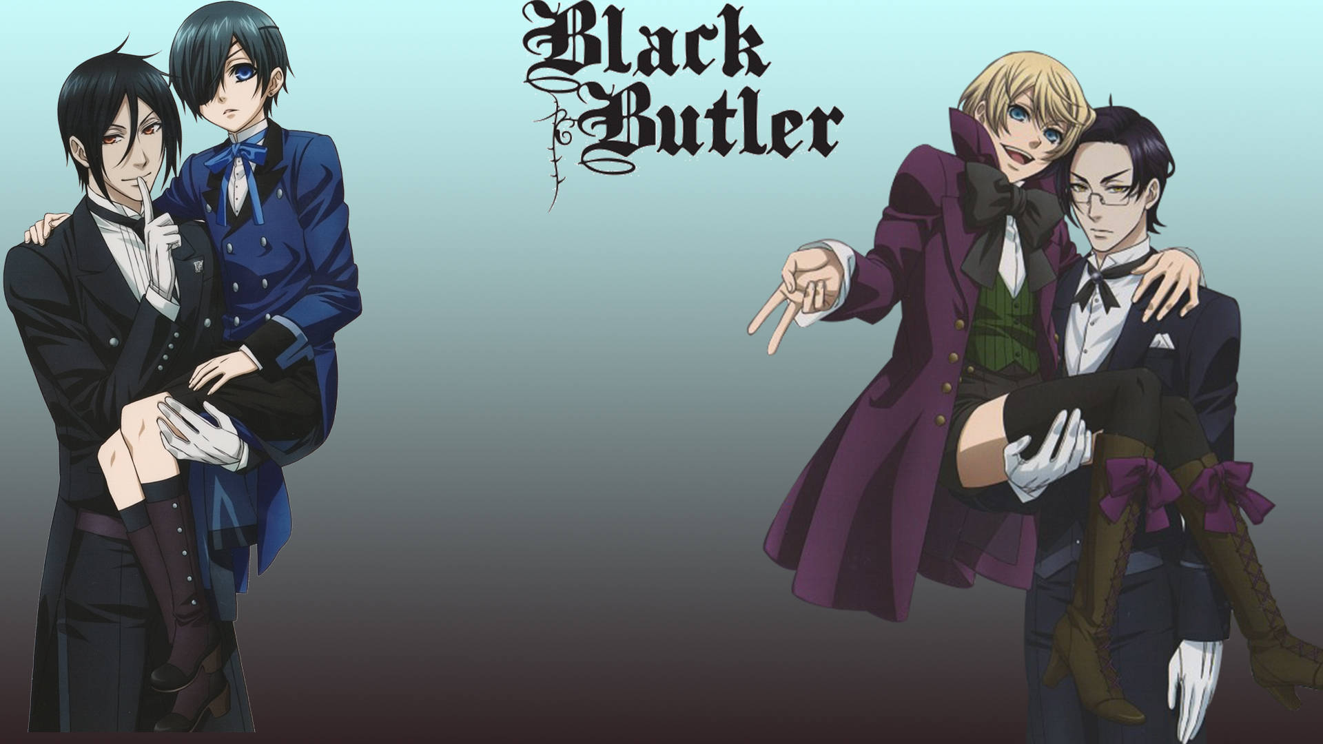 Black Butler 桌布 壁紙 — 兩對動畫管家和他們年輕的主人穿著正式的維多利亞服裝，在漸層青綠色背景前擺姿勢。